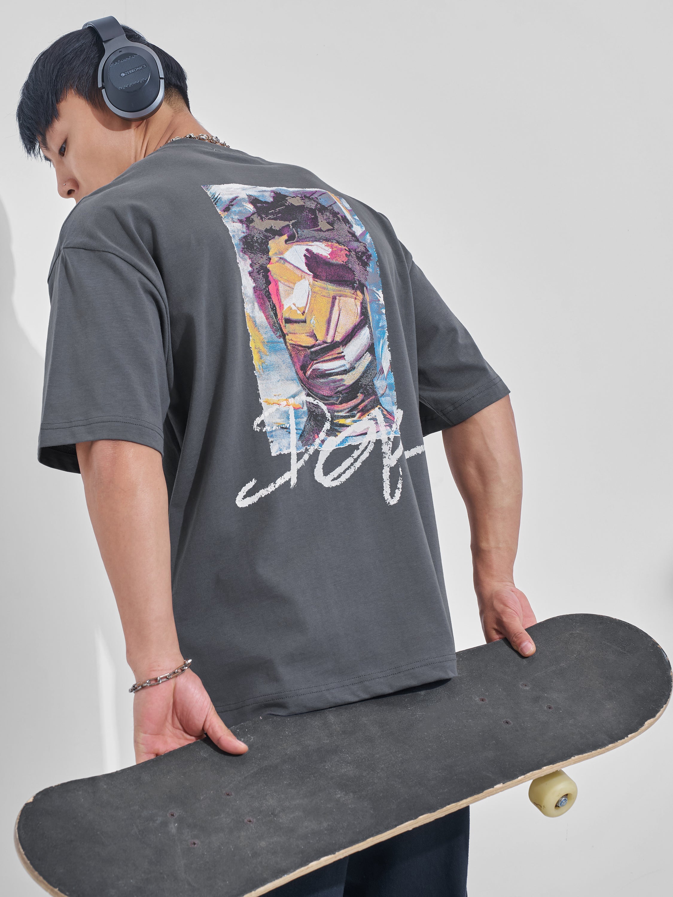 Highlander Men Grey Printed Round Neck Oversized Fit T-Shirt - Grey - Image 3
