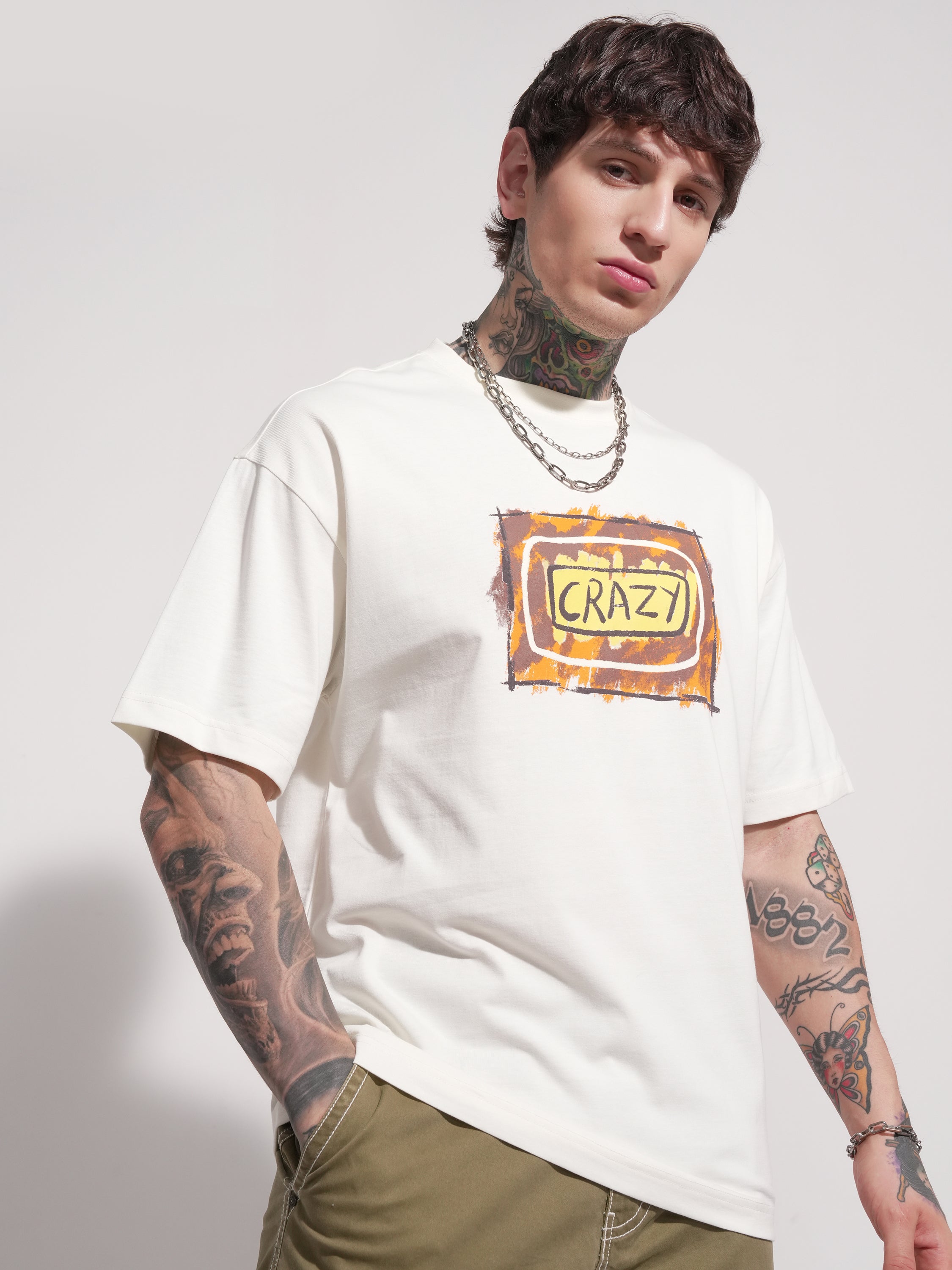 Highlander Men Off White Printed Round Neck Oversized Fit T-Shirt - Off White - Image 6