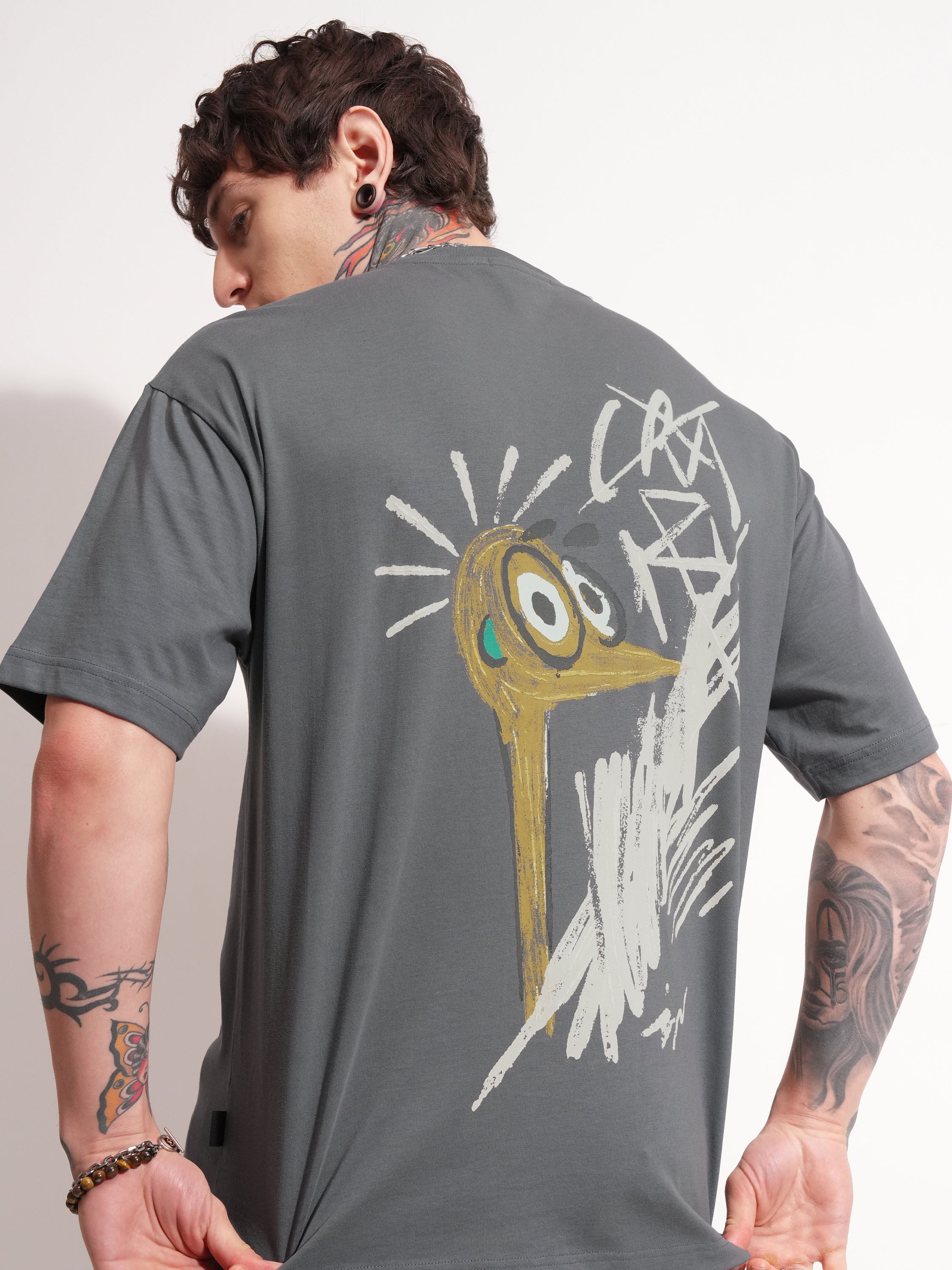 Highlander Men Grey Printed Round Neck Oversized Fit T-Shirt - Grey - Image 1