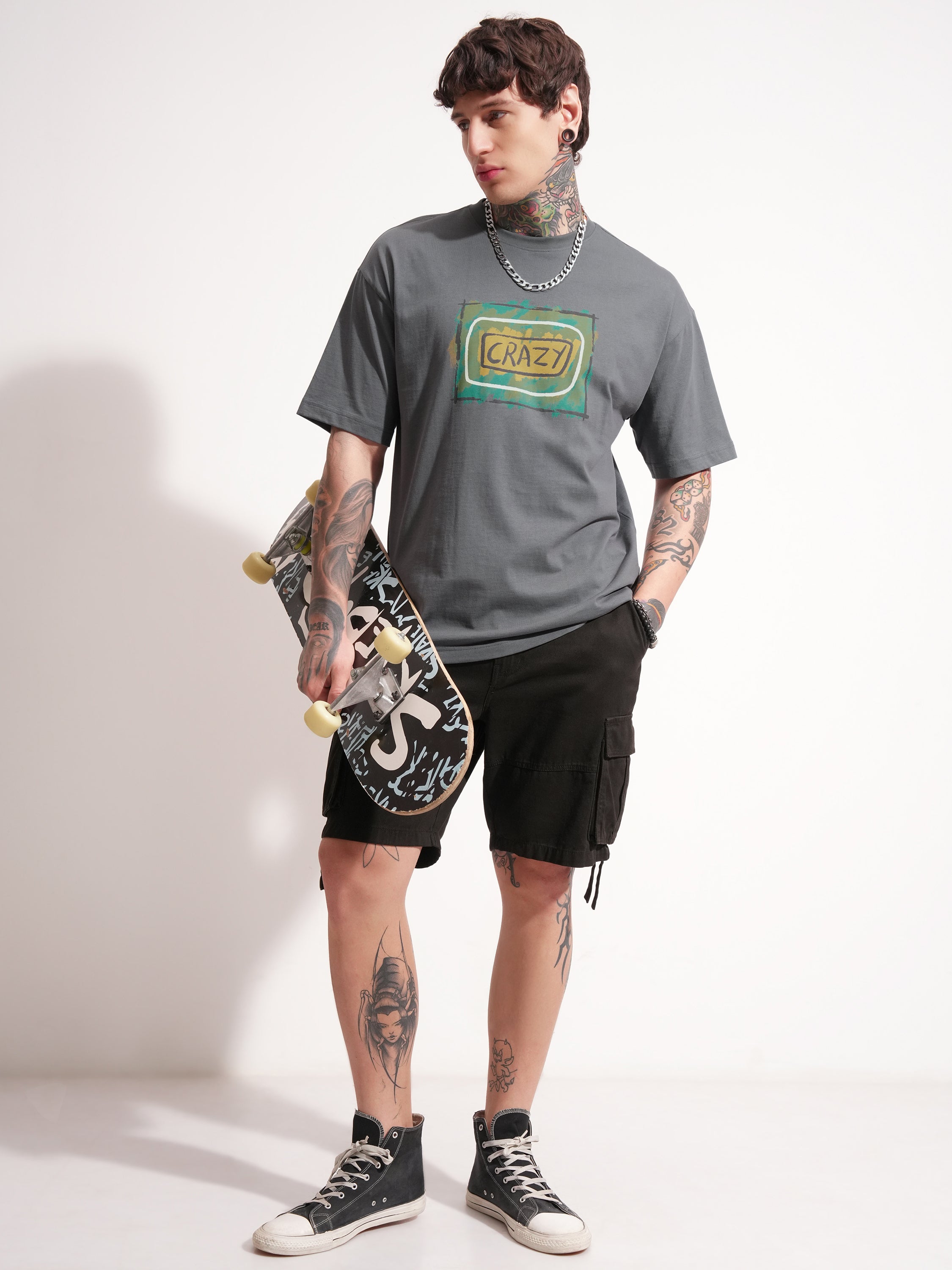 Highlander Men Grey Printed Round Neck Oversized Fit T-Shirt - Grey - Image 2