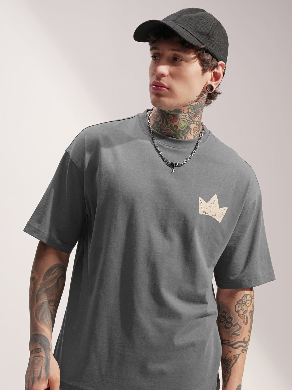 Highlander Men Grey Printed Round Neck Oversized Fit T-Shirt - Grey - Image 1