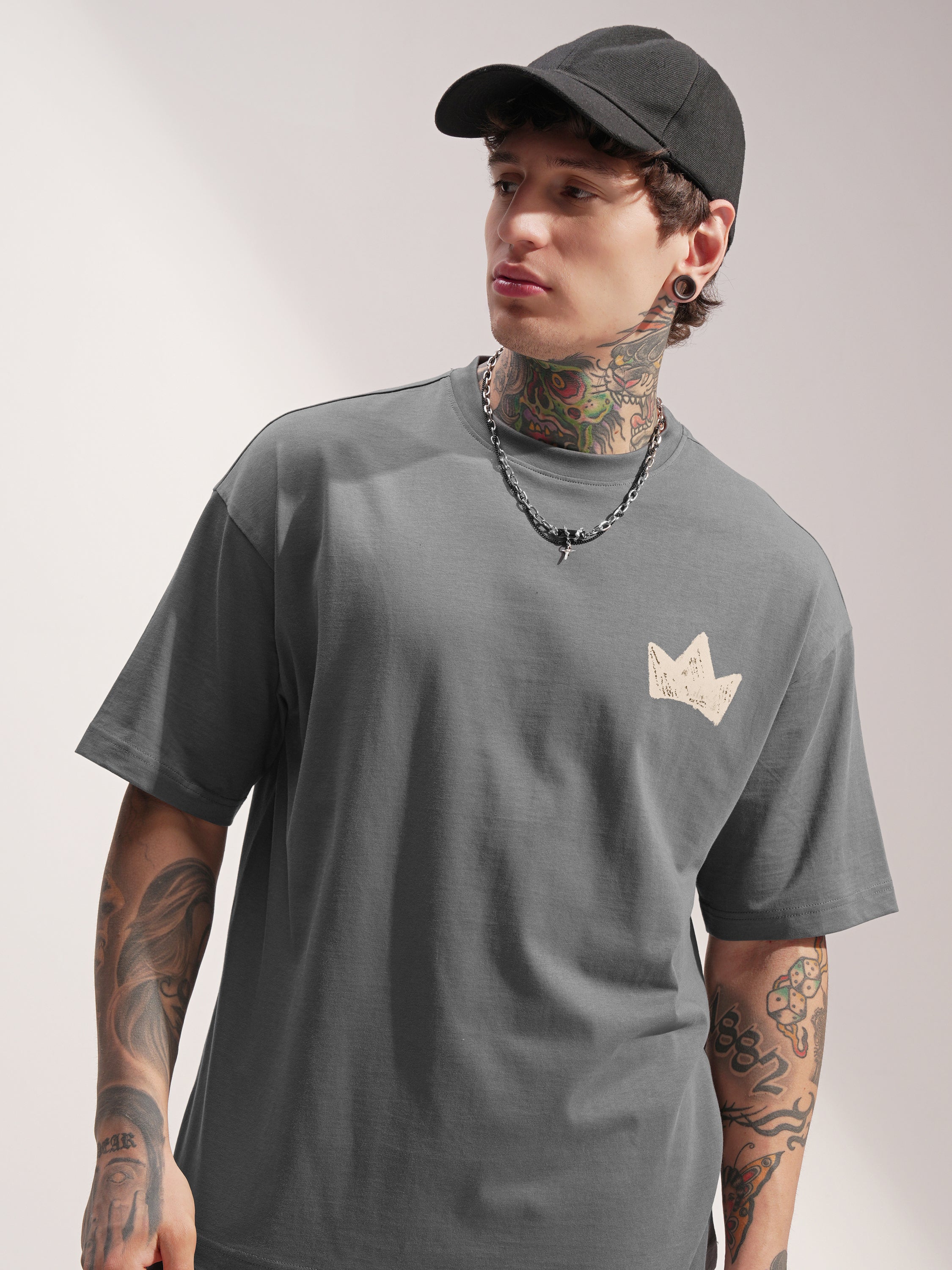 Highlander Men Grey Printed Round Neck Oversized Fit T-Shirt - Grey - Image 1
