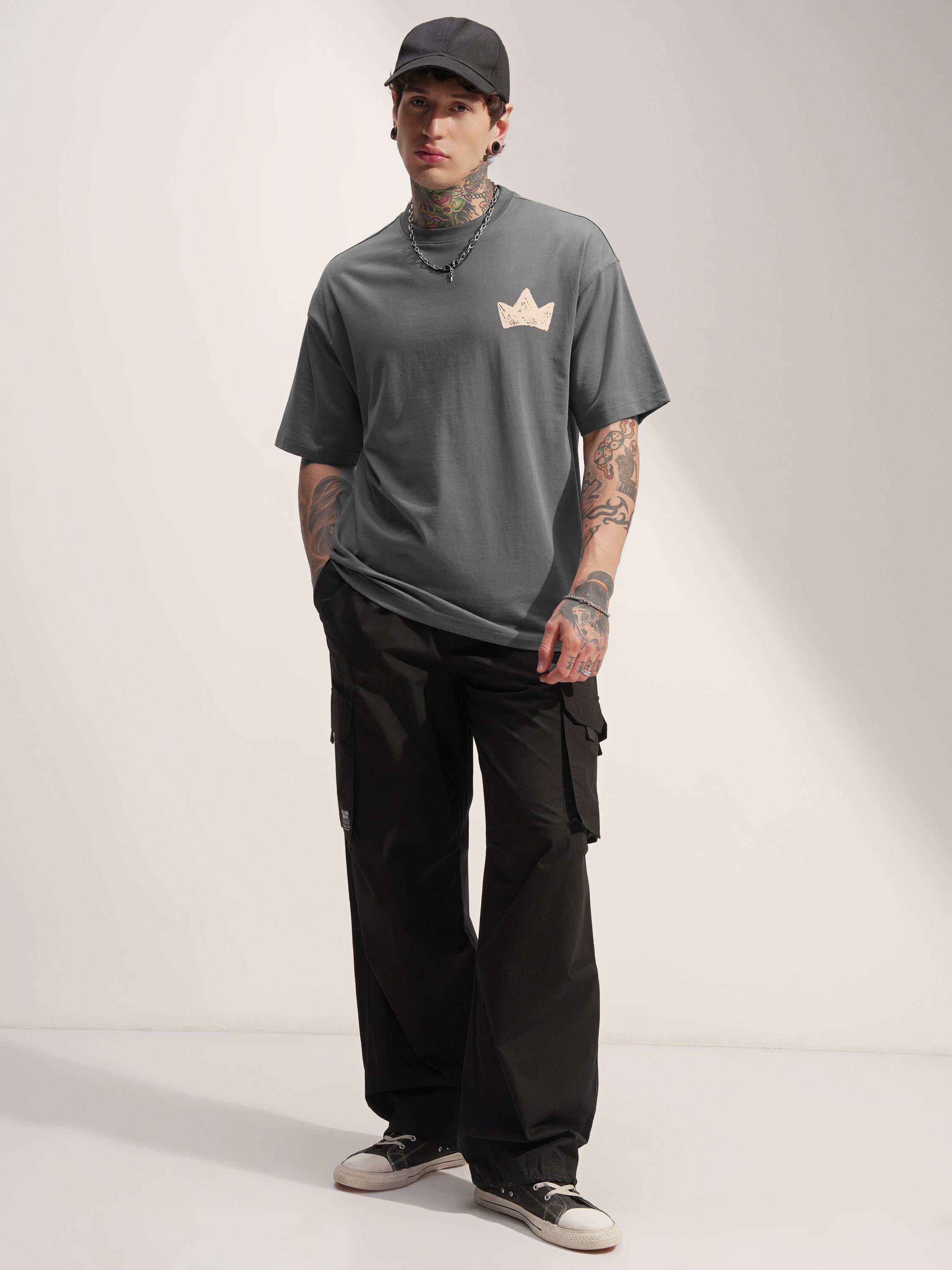 Highlander Men Grey Printed Round Neck Oversized Fit T-Shirt - Grey - Image 2