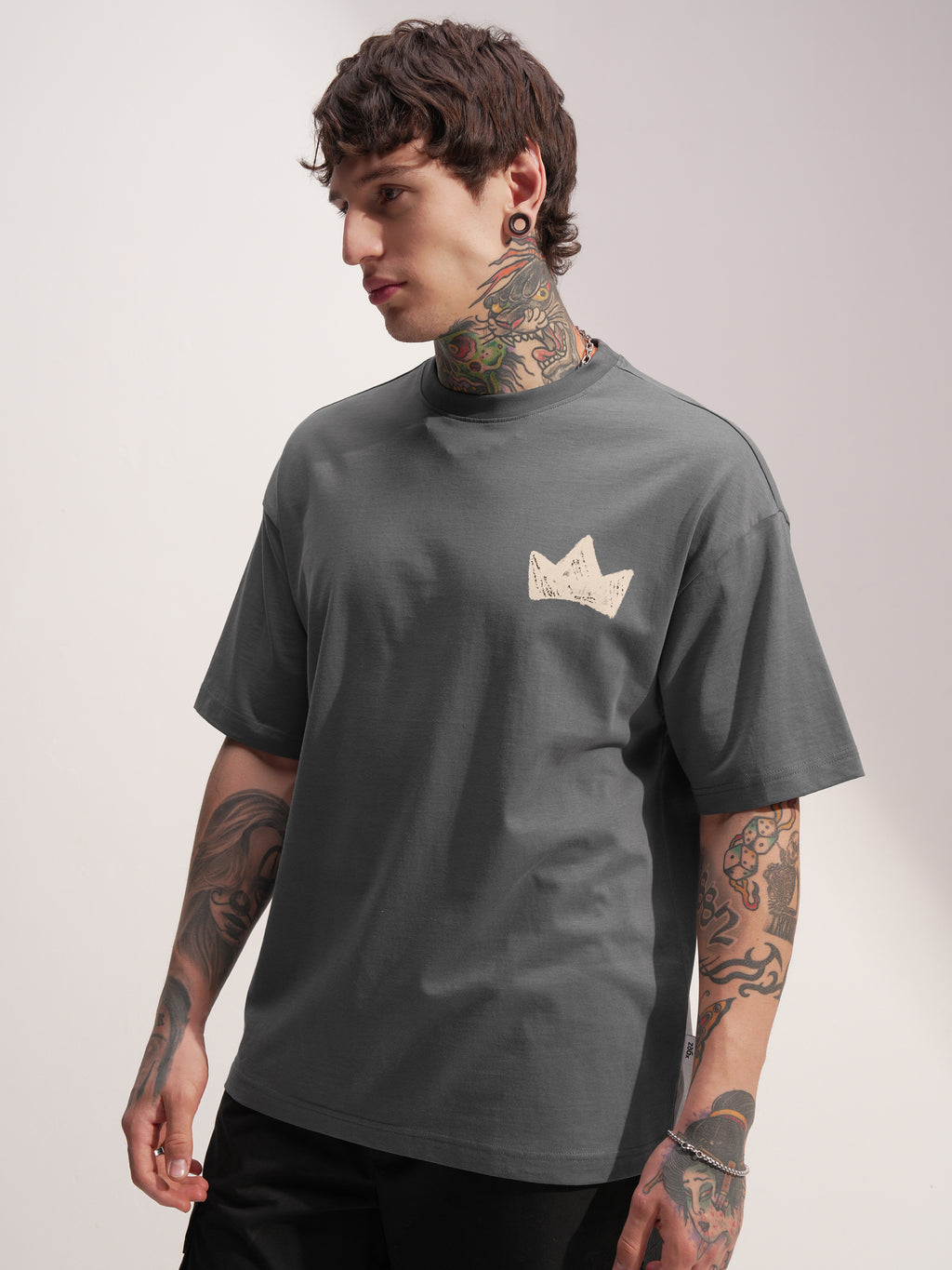 Highlander Men Grey Printed Round Neck Oversized Fit T-Shirt - Grey - Image 4
