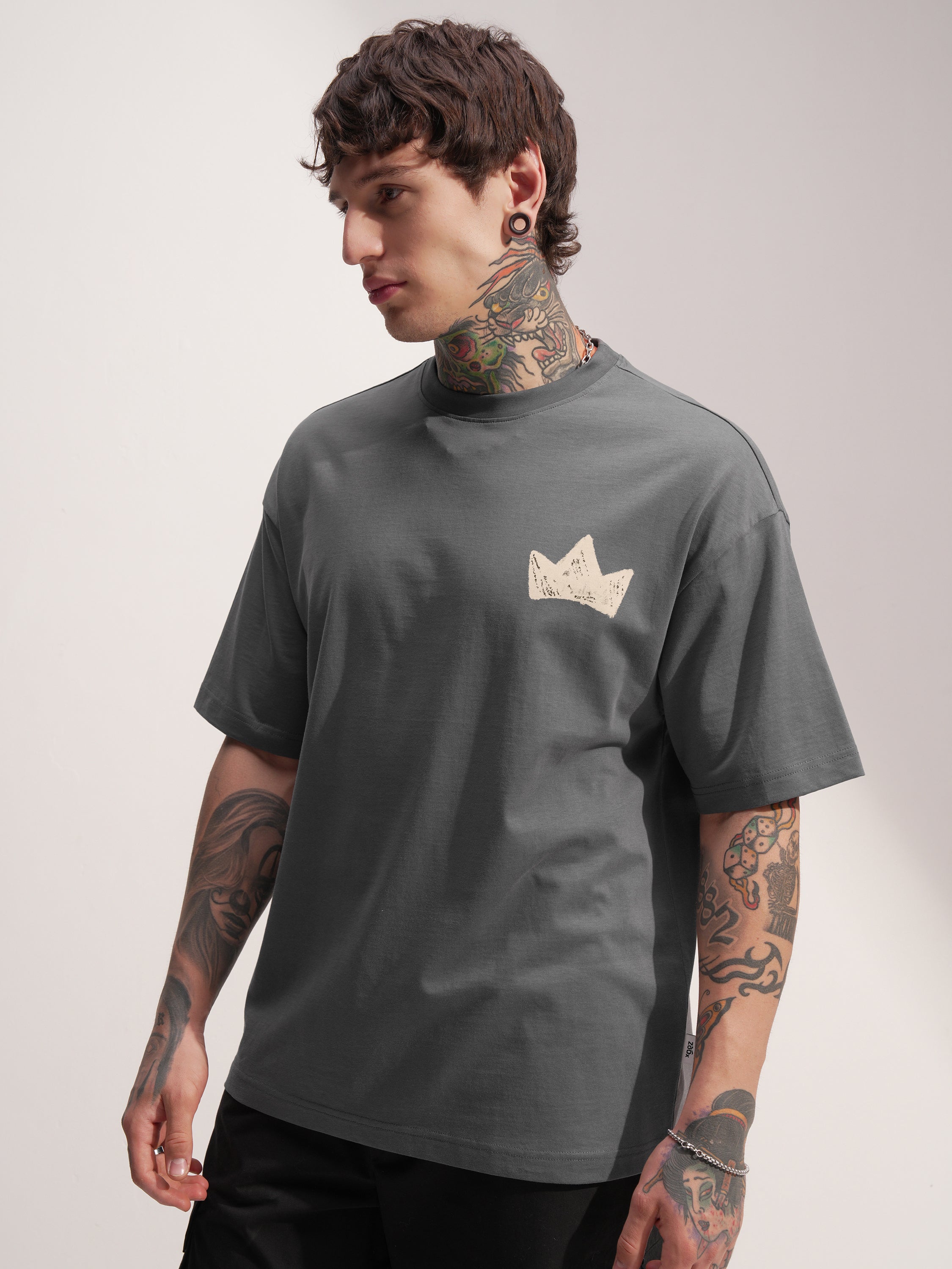 Highlander Men Grey Printed Round Neck Oversized Fit T-Shirt - Grey - Image 4
