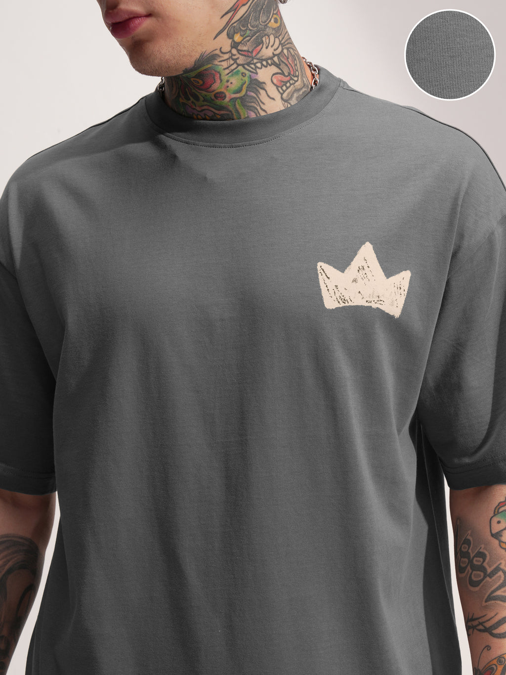 Highlander Men Grey Printed Round Neck Oversized Fit T-Shirt - Grey - Image 5