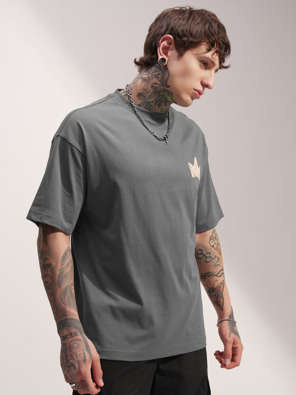 Highlander Men Grey Printed Round Neck Oversized Fit T-Shirt - Grey - Image 6