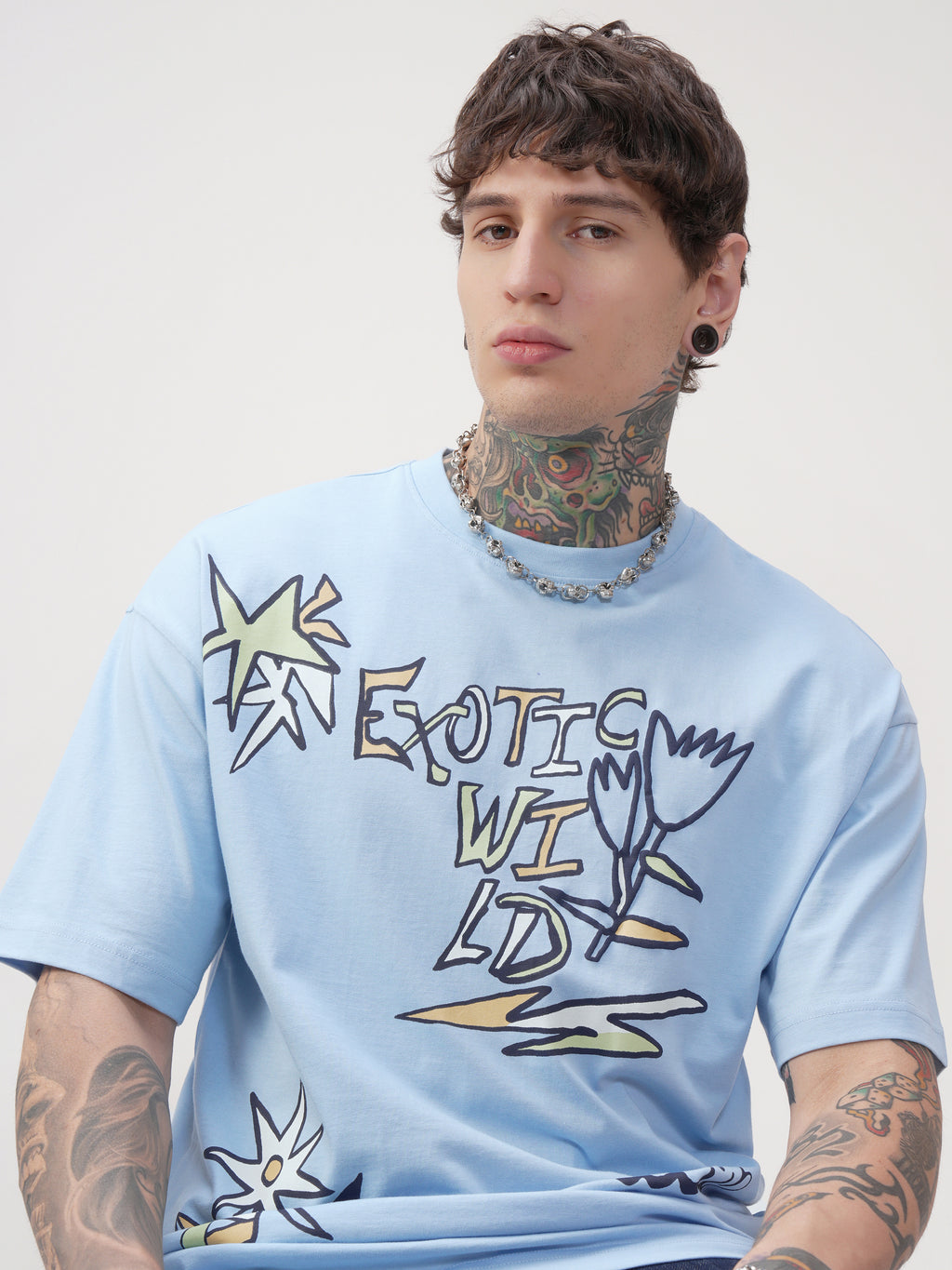 Highlander Men Blue Printed Round Neck Oversized Fit T-Shirt - Blue - Image 1