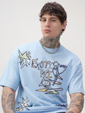 Highlander Men Blue Printed Round Neck Oversized Fit T-Shirt - Blue - Image 1