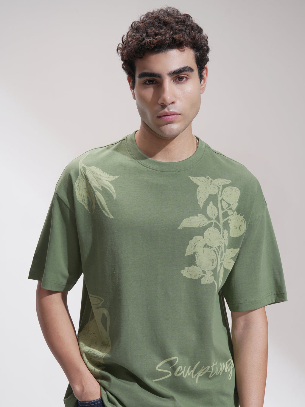 Highlander Men Green Printed Round Neck Oversized Fit T-Shirt - Green - Image 1