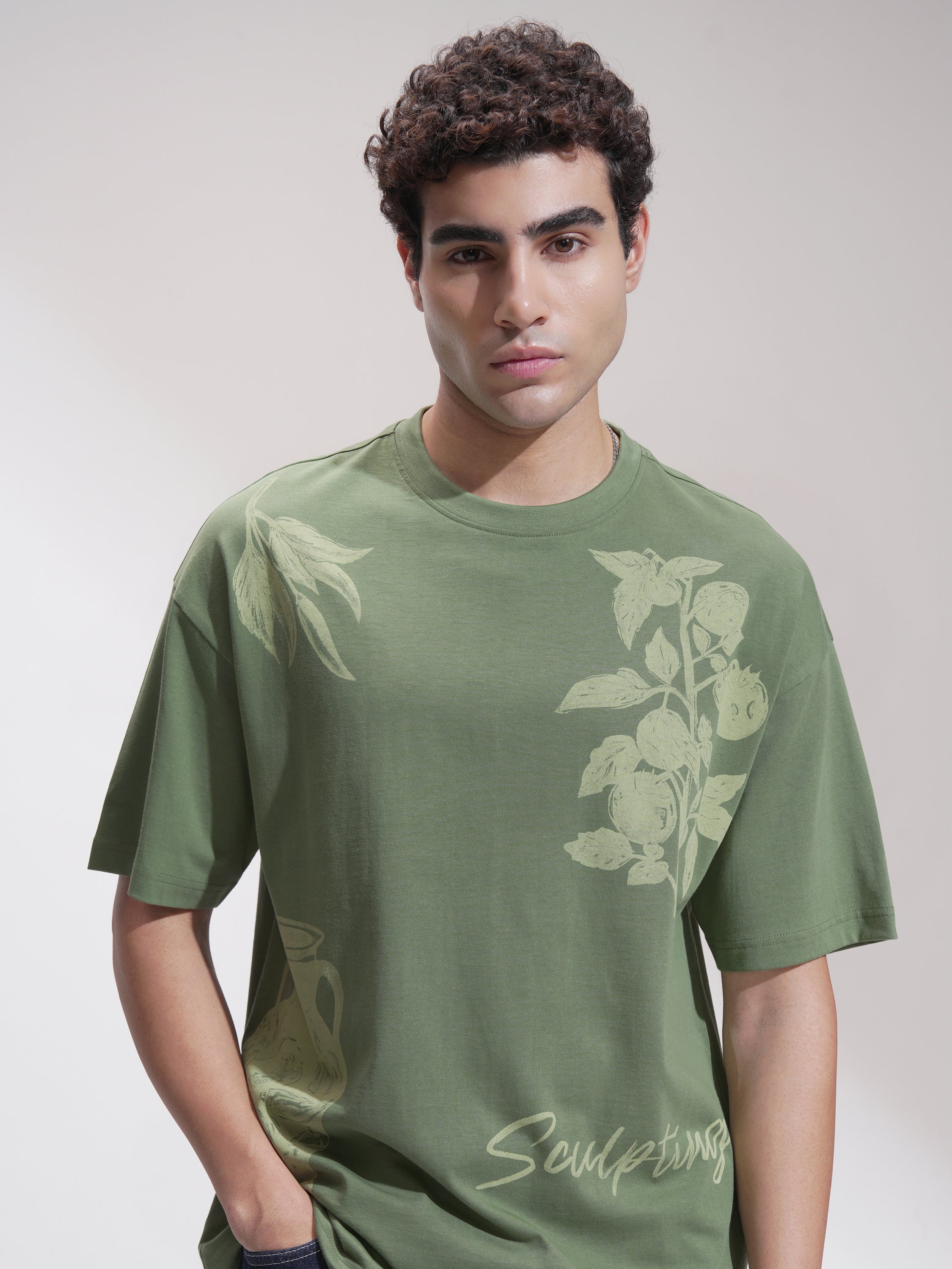 Highlander Men Green Printed Round Neck Oversized Fit T-Shirt - Green - Image 1