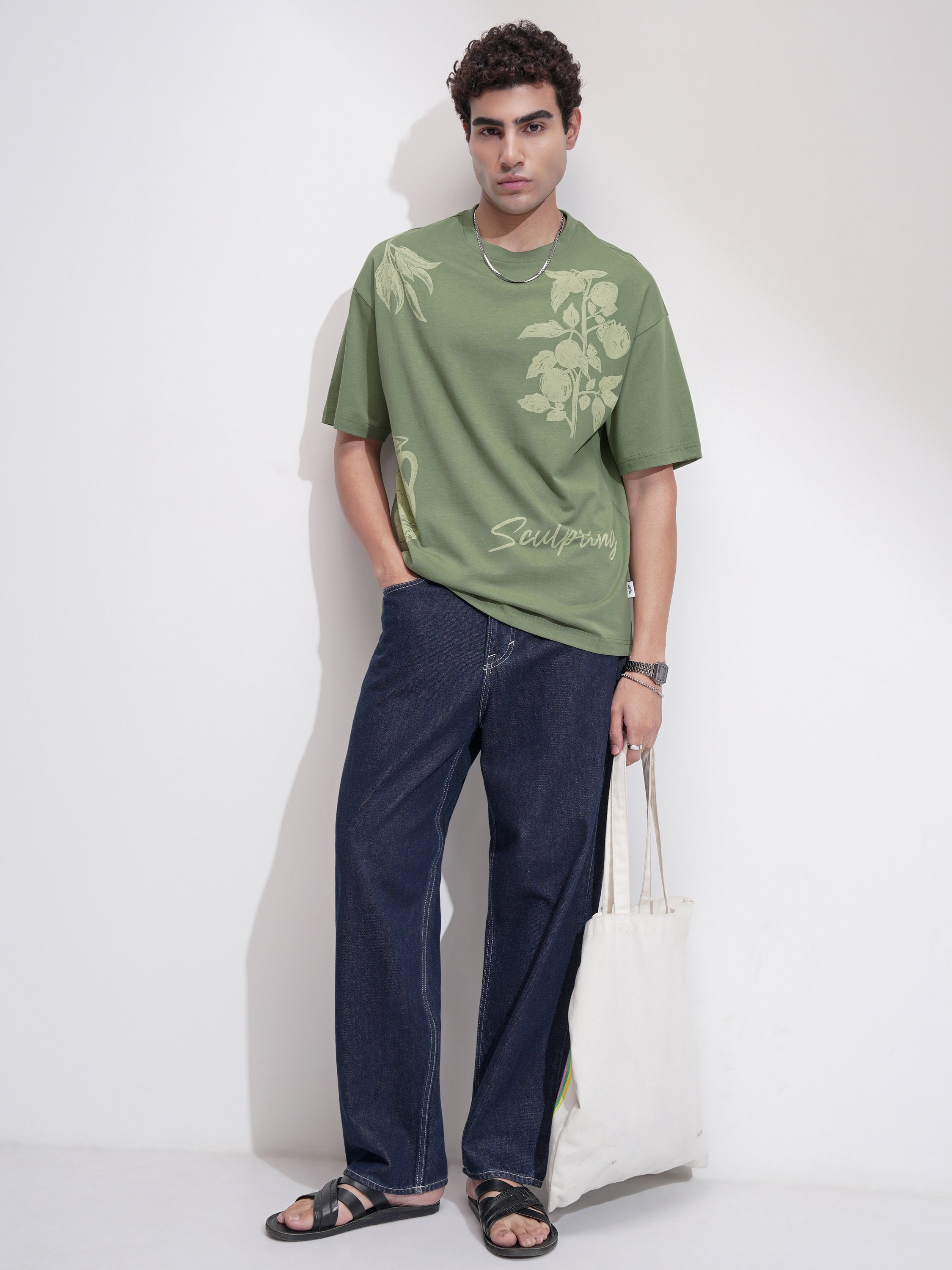 Highlander Men Green Printed Round Neck Oversized Fit T-Shirt - Green - Image 2