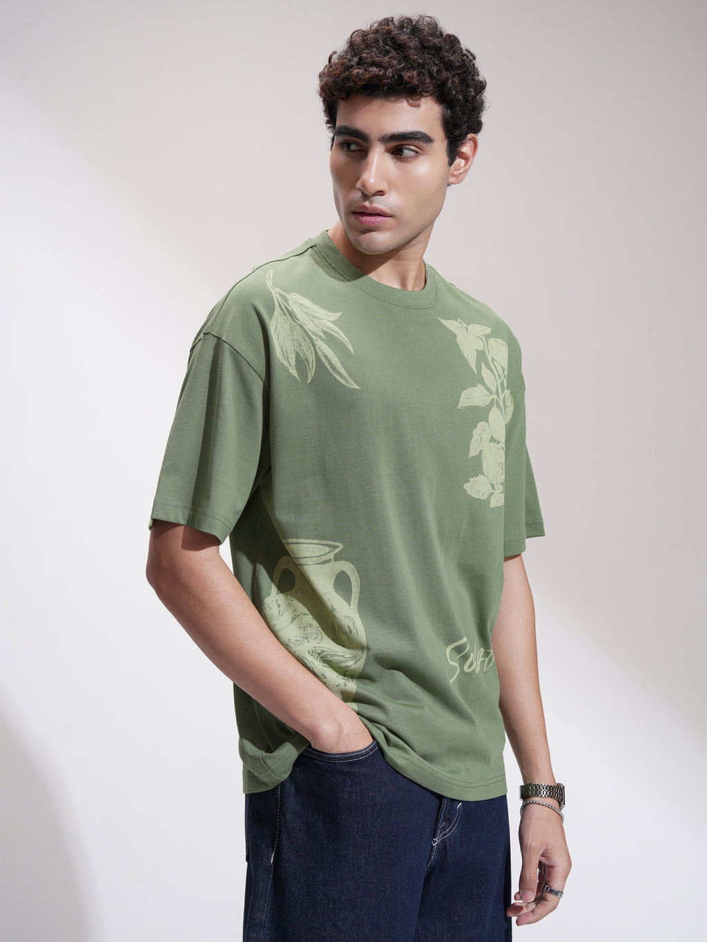 Highlander Men Green Printed Round Neck Oversized Fit T-Shirt - Green - Image 6