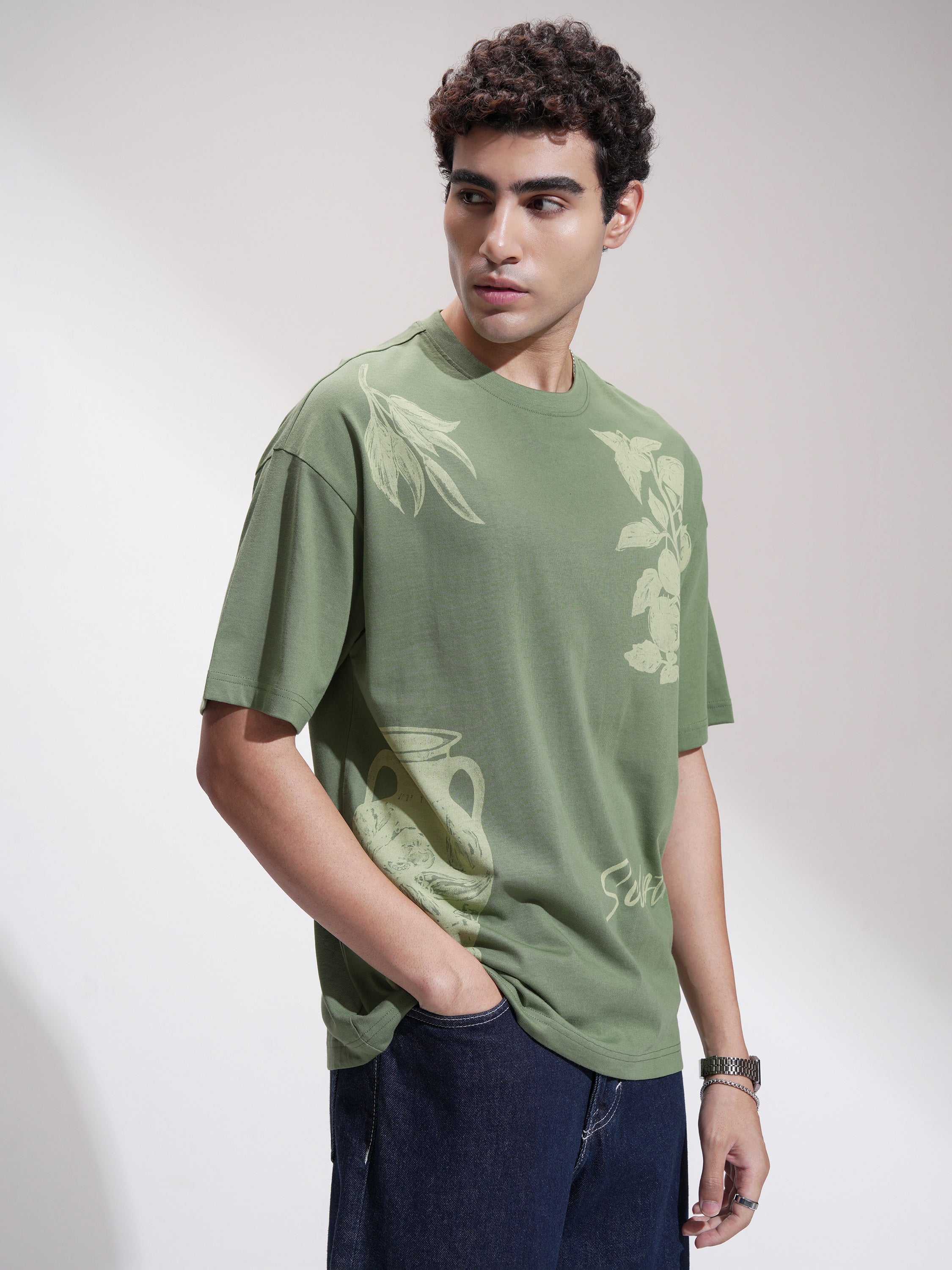 Highlander Men Green Printed Round Neck Oversized Fit T-Shirt - Green - Image 6