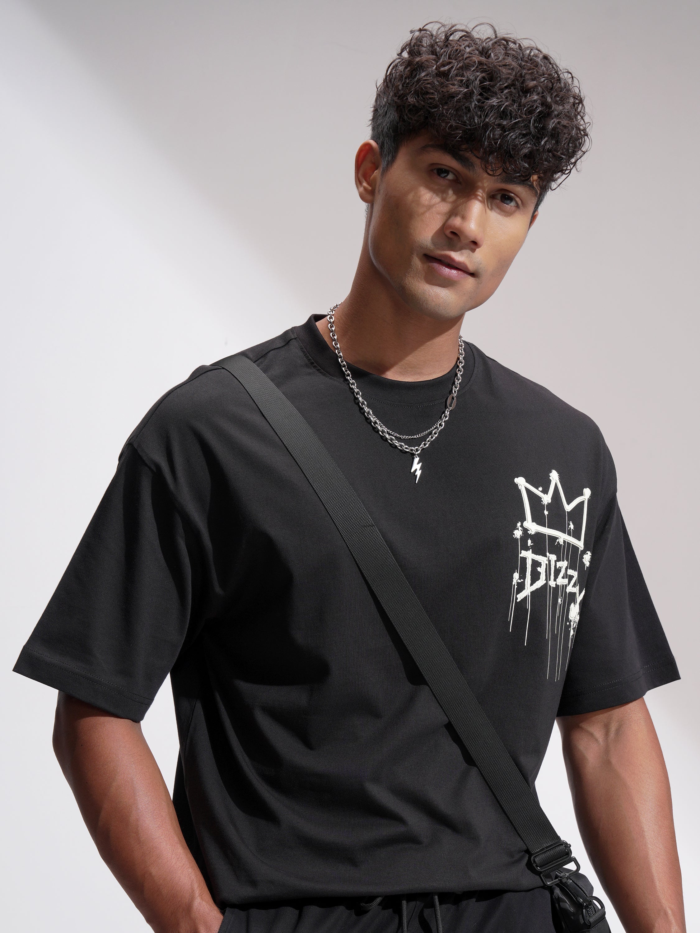 Highlander Men Black Printed Round Neck Oversized Fit T-Shirt - Black - Image 1