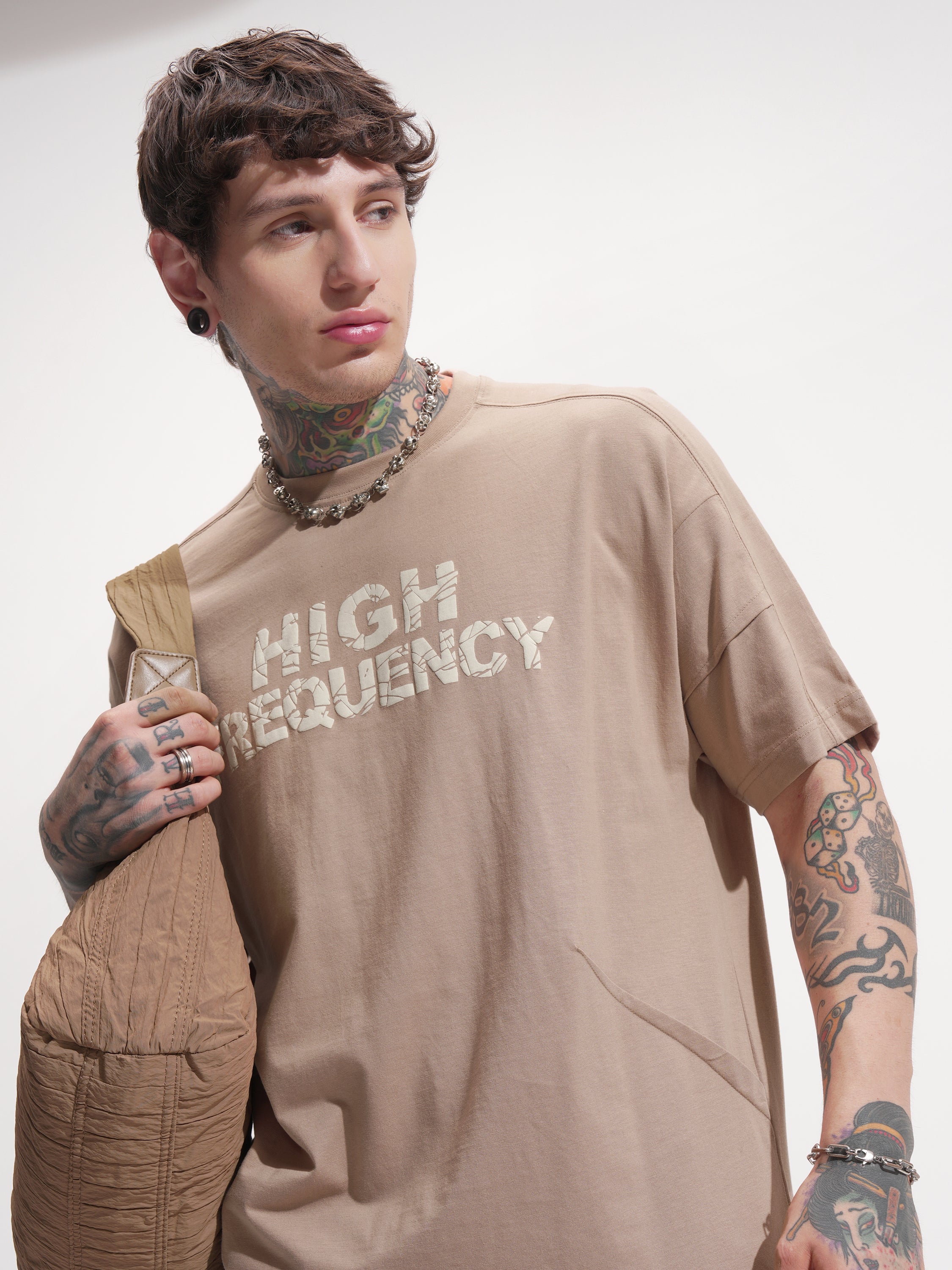 Highlander Men Tan Printed Round Neck Oversized Fit T-Shirt - Tan - Image 1