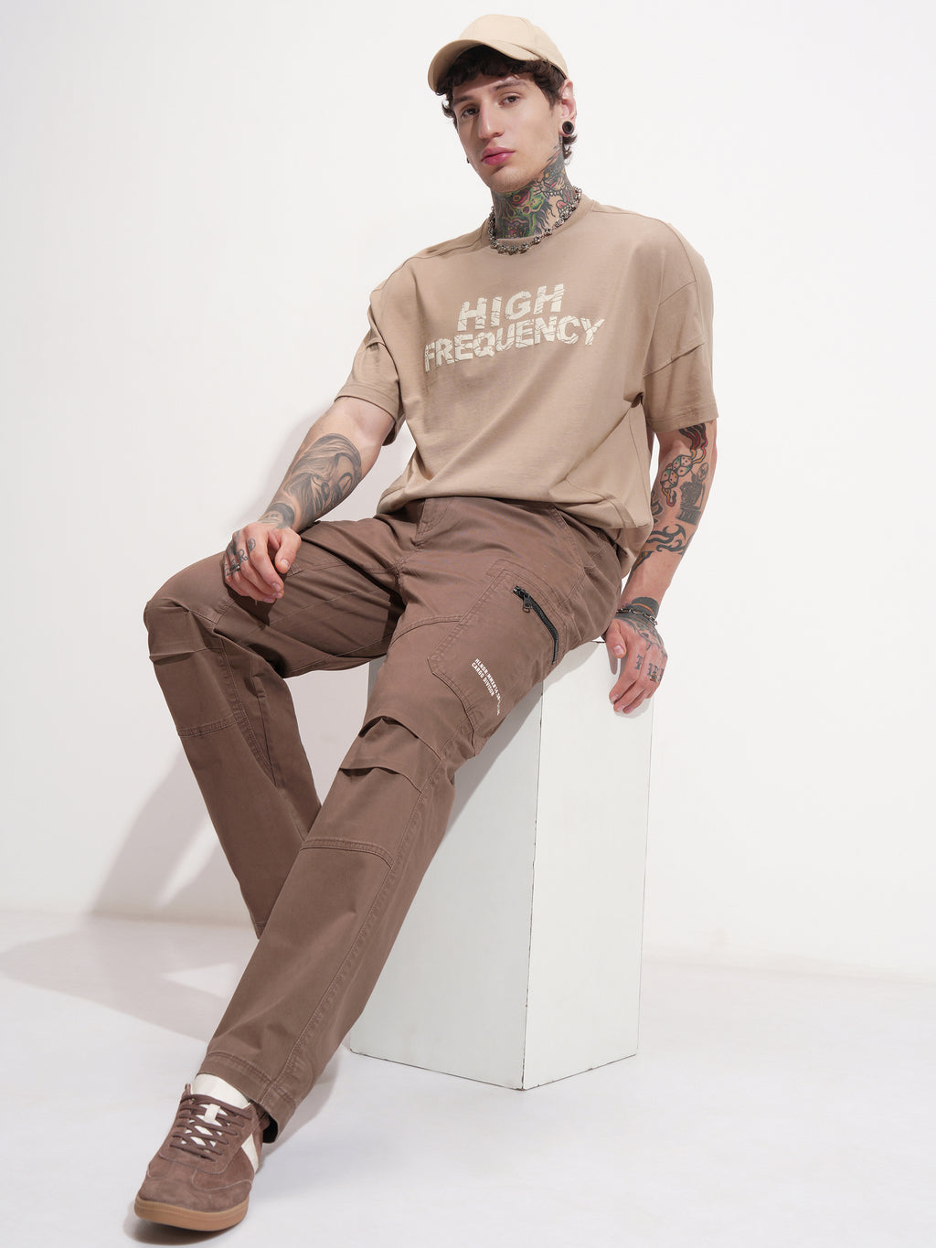 Highlander Men Tan Printed Round Neck Oversized Fit T-Shirt - Tan - Image 2