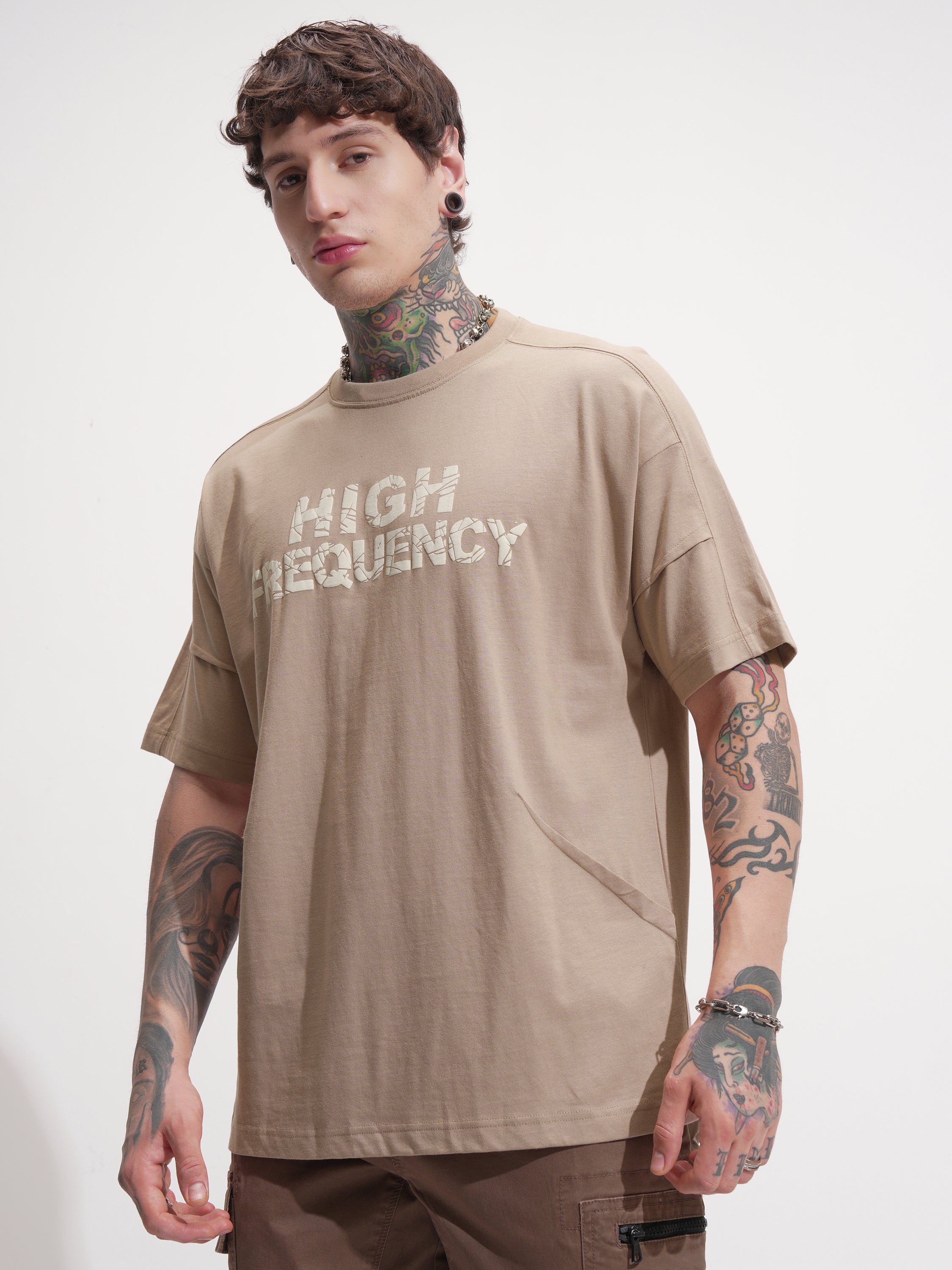 Highlander Men Tan Printed Round Neck Oversized Fit T-Shirt - Tan - Image 4