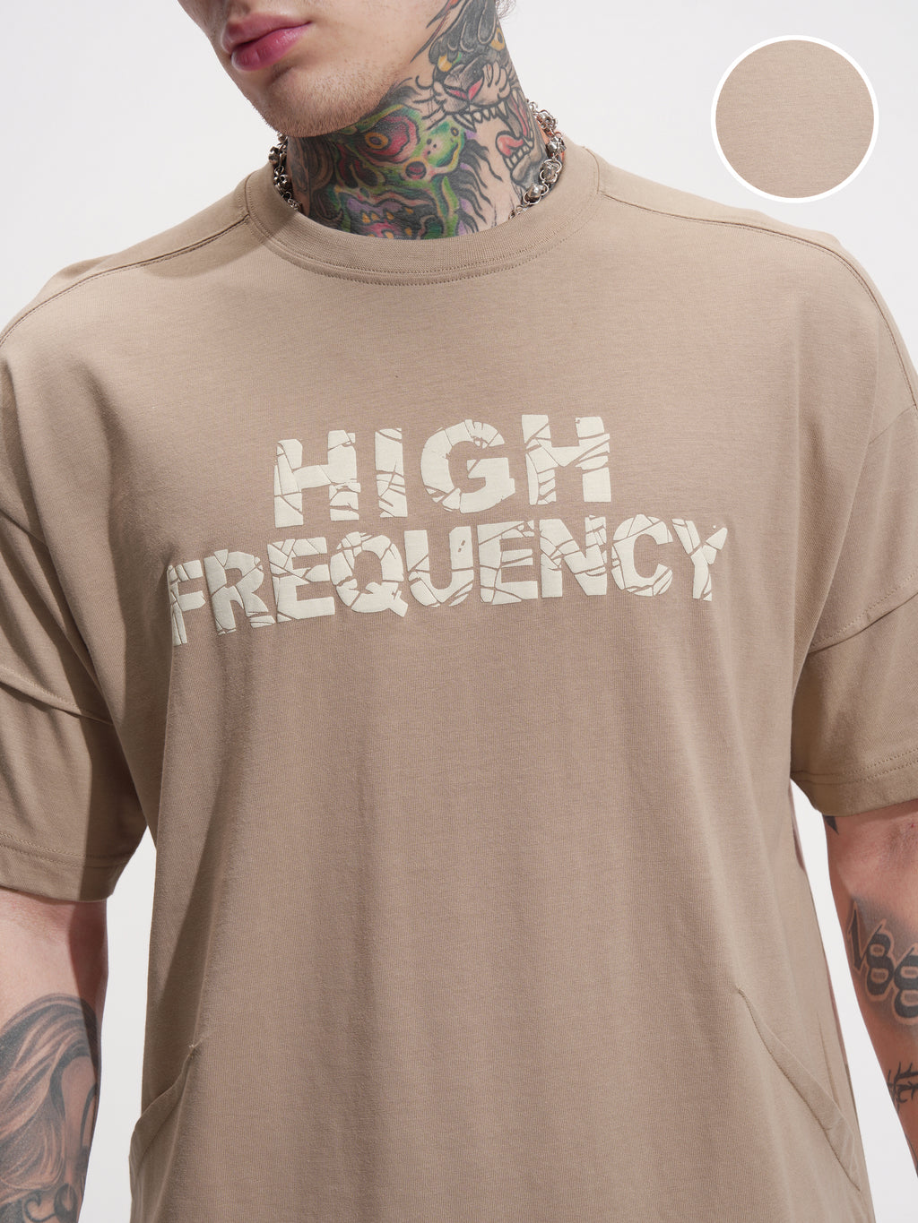 Highlander Men Tan Printed Round Neck Oversized Fit T-Shirt - Tan - Image 5