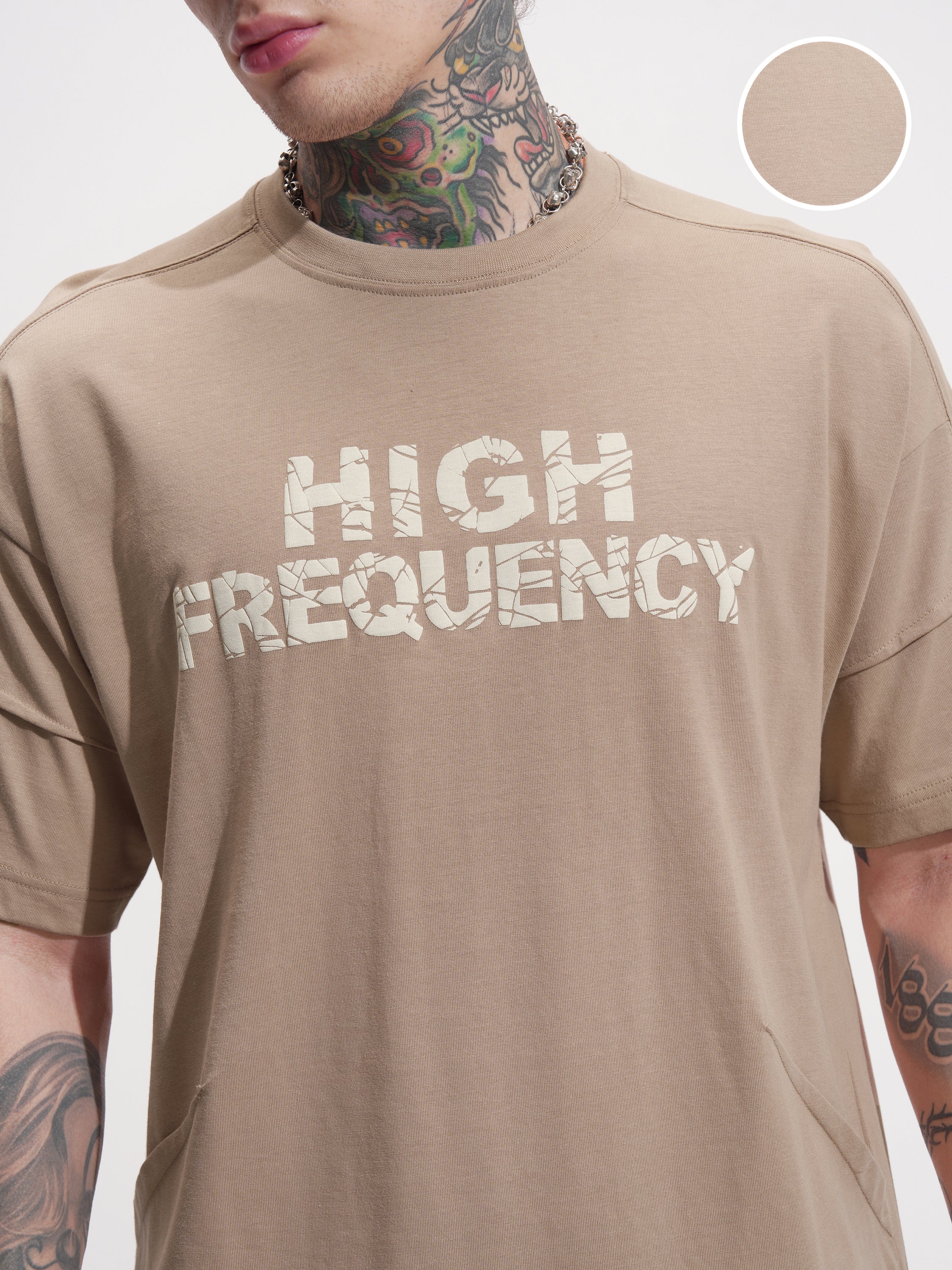 Highlander Men Tan Printed Round Neck Oversized Fit T-Shirt - Tan - Image 5