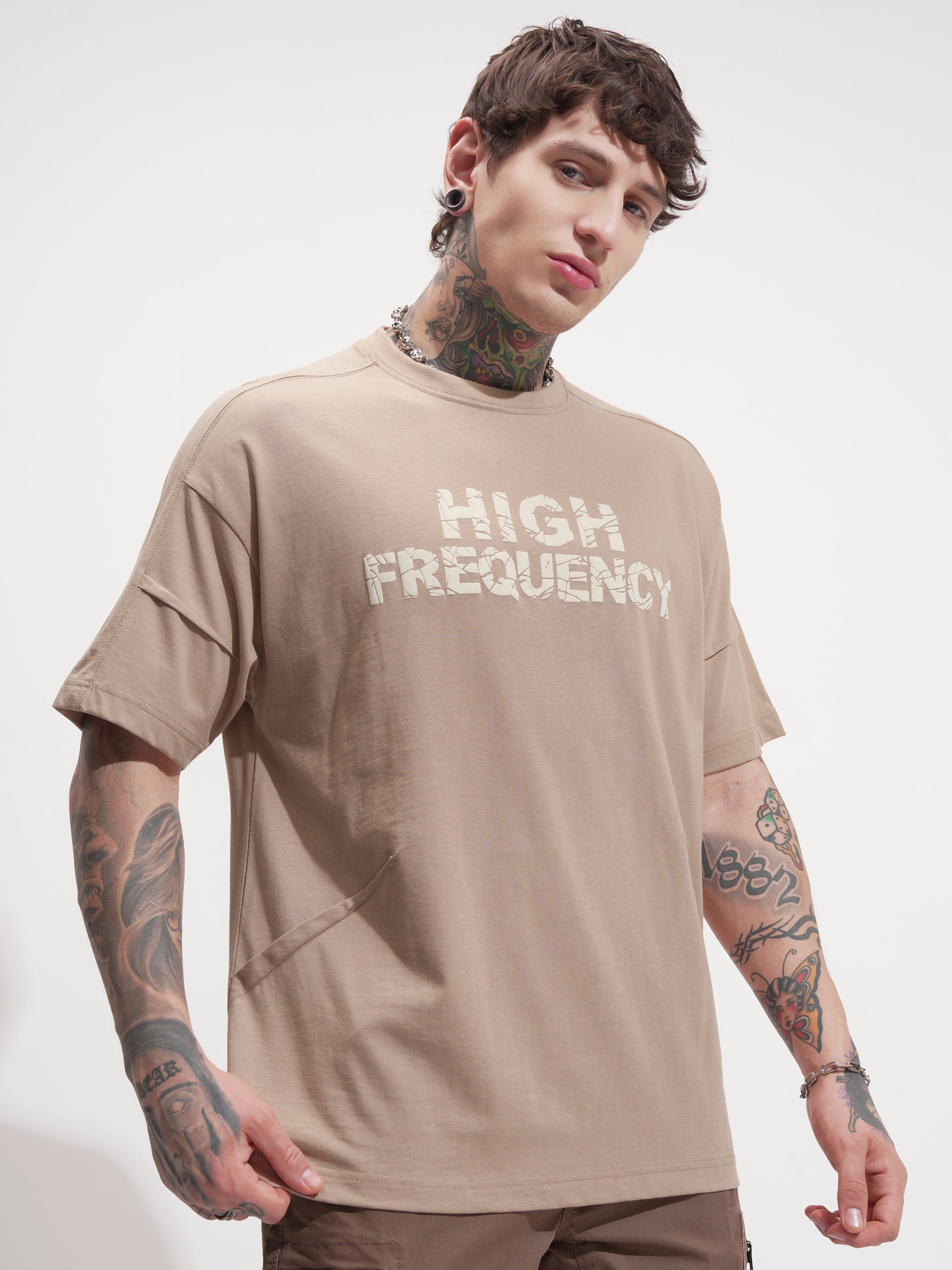 Highlander Men Tan Printed Round Neck Oversized Fit T-Shirt - Tan - Image 6