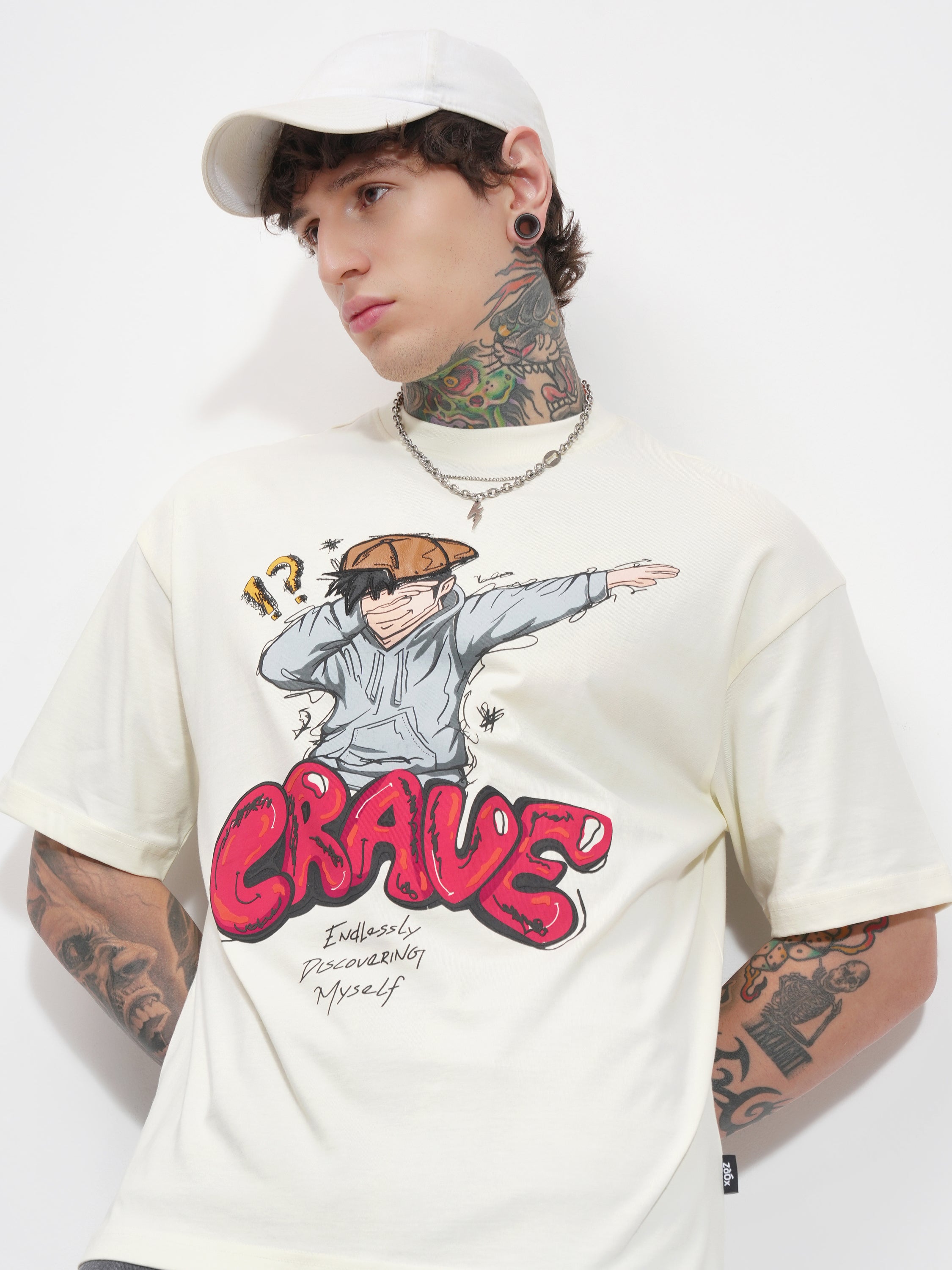 Highlander Men Cream Printed Round Neck Oversized Fit T-Shirt - Cream - Image 1