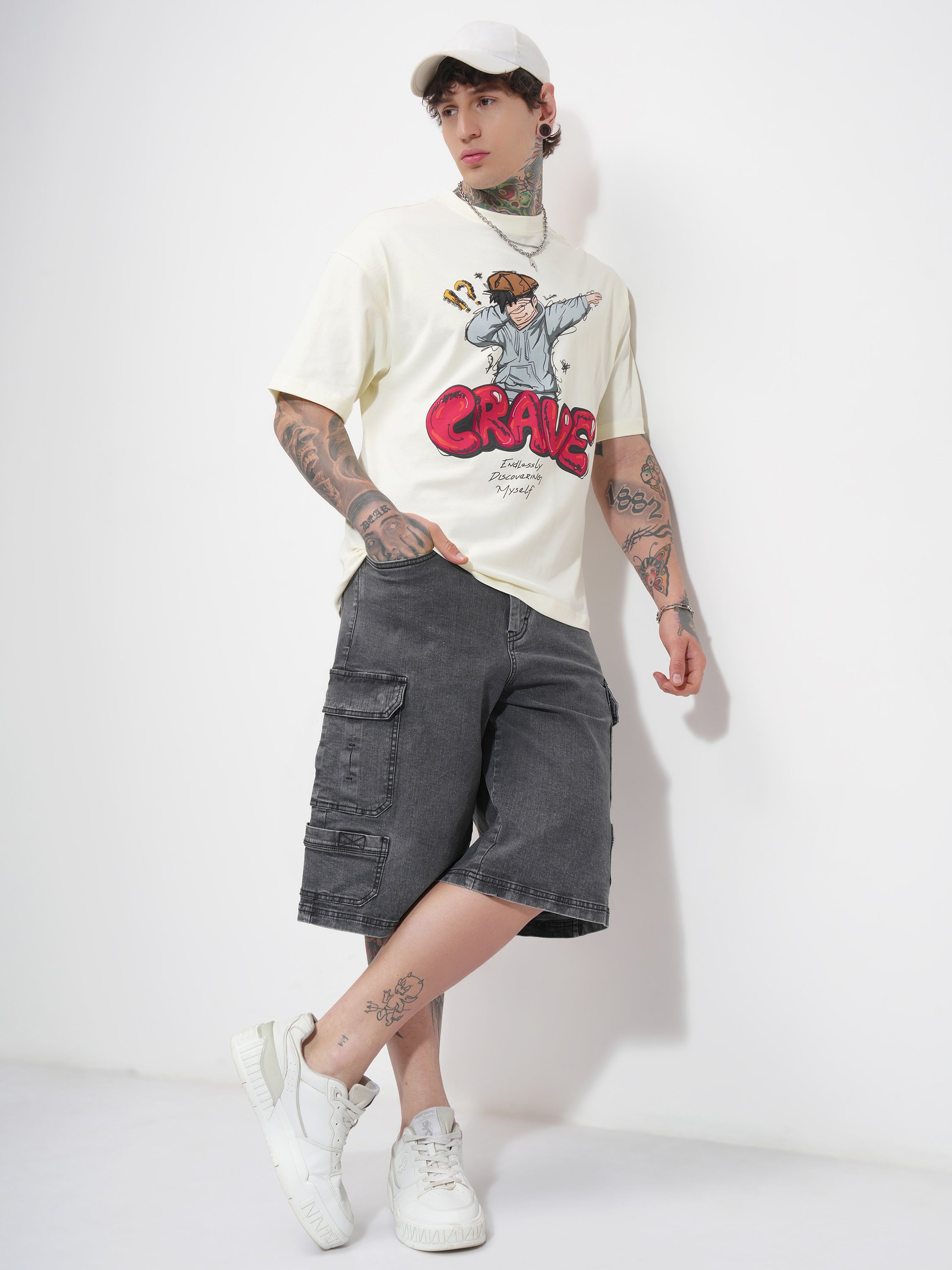 Highlander Men Cream Printed Round Neck Oversized Fit T-Shirt - Cream - Image 2