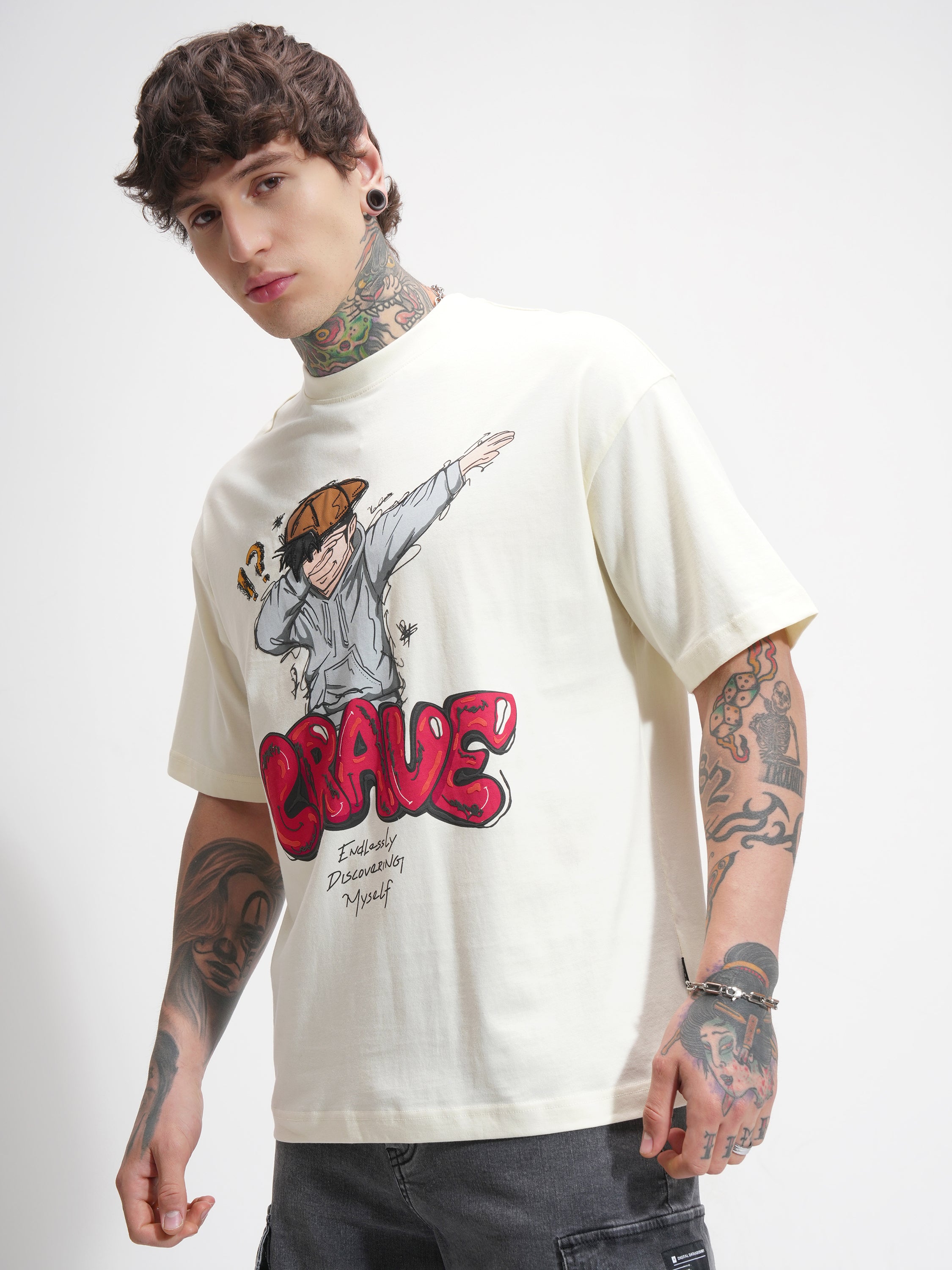 Highlander Men Cream Printed Round Neck Oversized Fit T-Shirt - Cream - Image 4