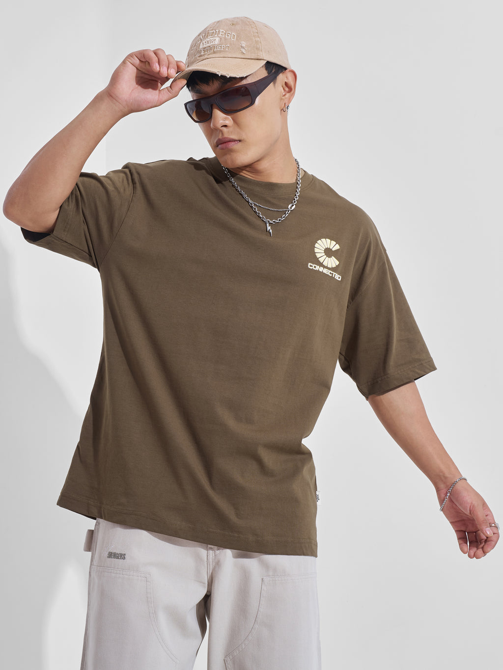 Highlander Men Khaki Printed Round Neck Oversized Fit T-Shirt - Khaki - Image 3