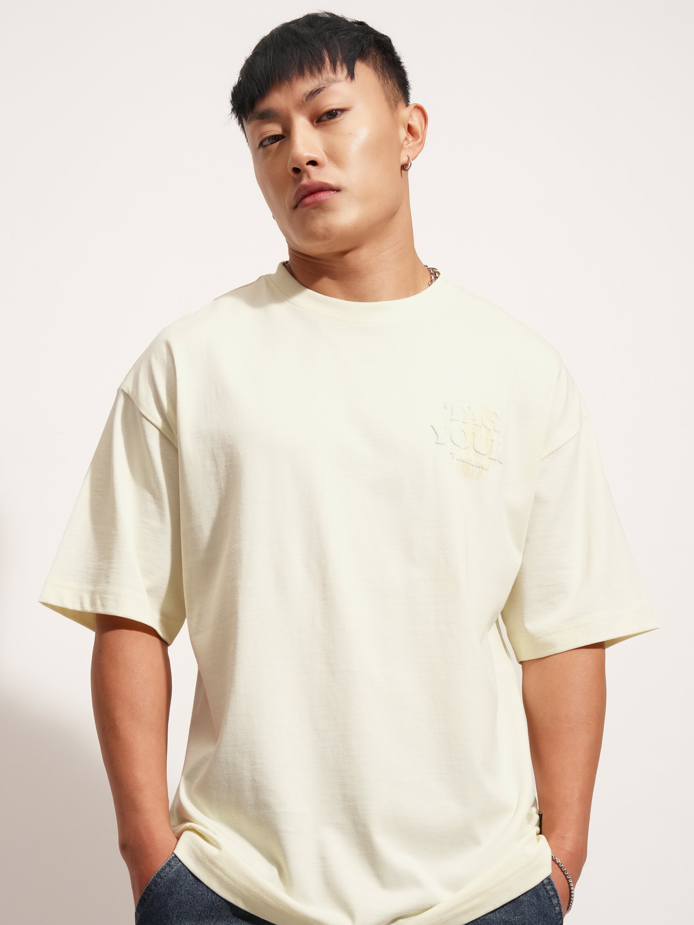 Highlander Men Cream Printed Round Neck Oversized Fit T-Shirt - Cream - Image 3