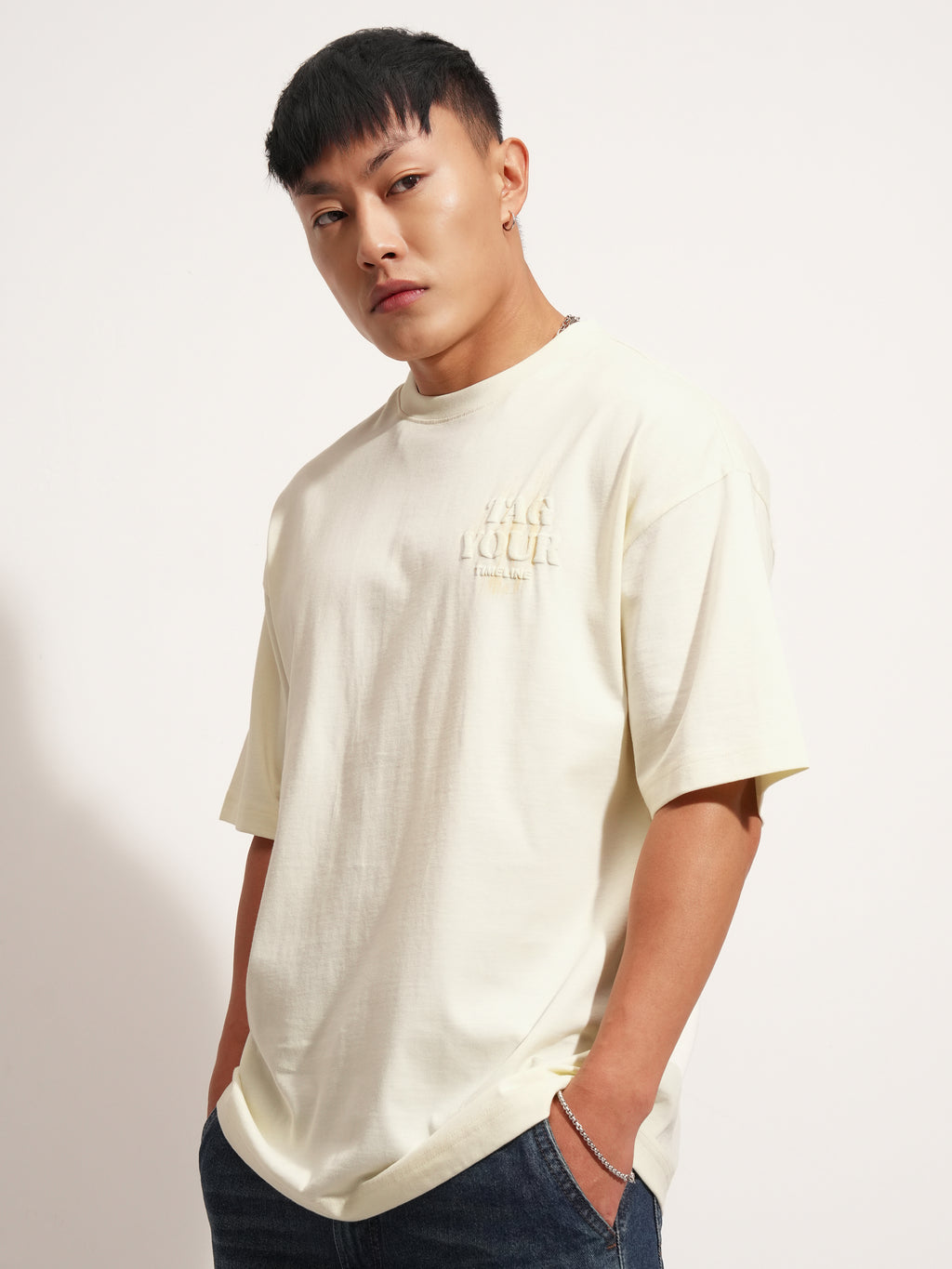 Highlander Men Cream Printed Round Neck Oversized Fit T-Shirt - Cream - Image 4