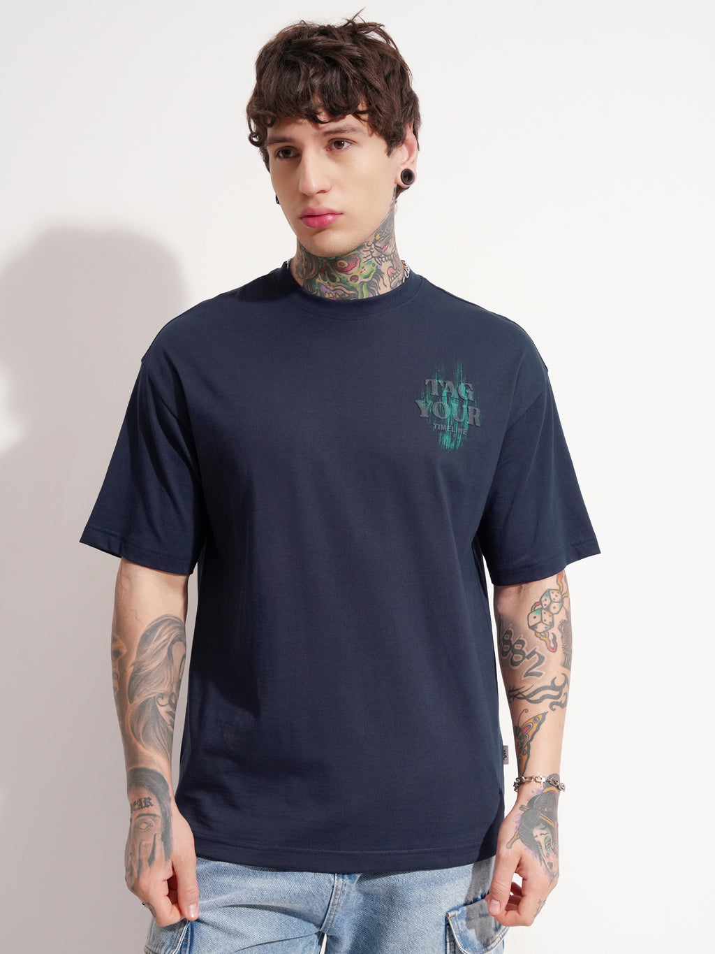 Highlander Men Navy Blue Printed Round Neck Oversized Fit T-Shirt - Navy Blue - Image 3