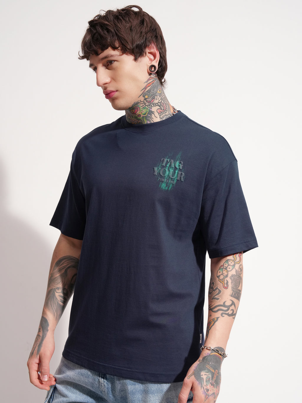Highlander Men Navy Blue Printed Round Neck Oversized Fit T-Shirt - Navy Blue - Image 4