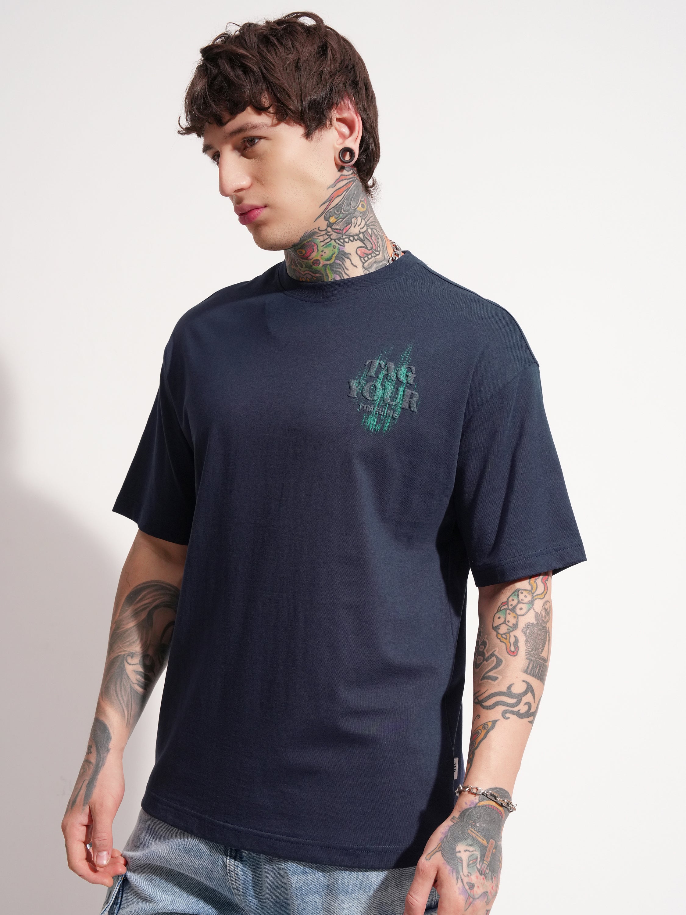 Highlander Men Navy Blue Printed Round Neck Oversized Fit T-Shirt - Navy Blue - Image 4