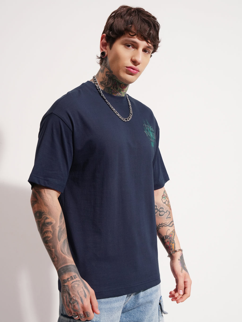 Highlander Men Navy Blue Printed Round Neck Oversized Fit T-Shirt - Navy Blue - Image 6