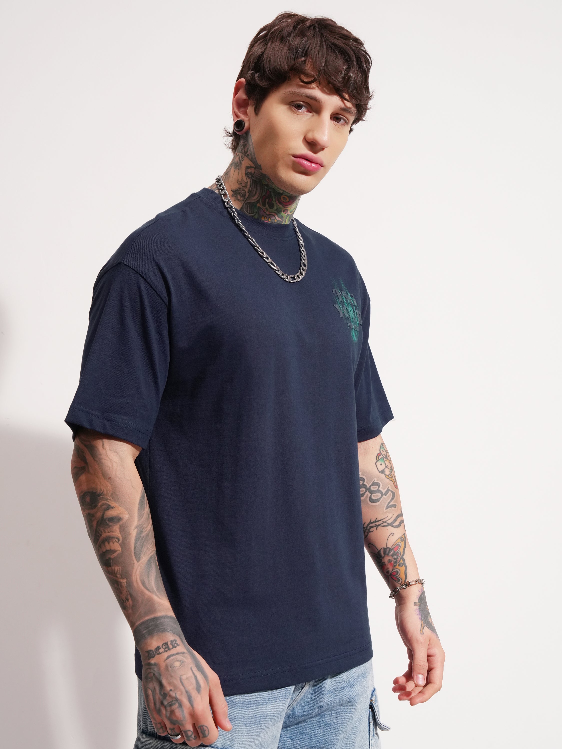 Highlander Men Navy Blue Printed Round Neck Oversized Fit T-Shirt - Navy Blue - Image 6