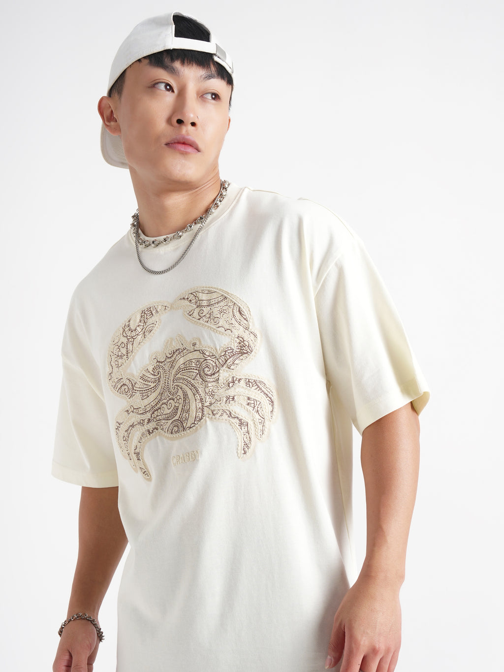 Highlander Men Cream Printed Round Neck Oversized Fit T-Shirt - Cream - Image 1