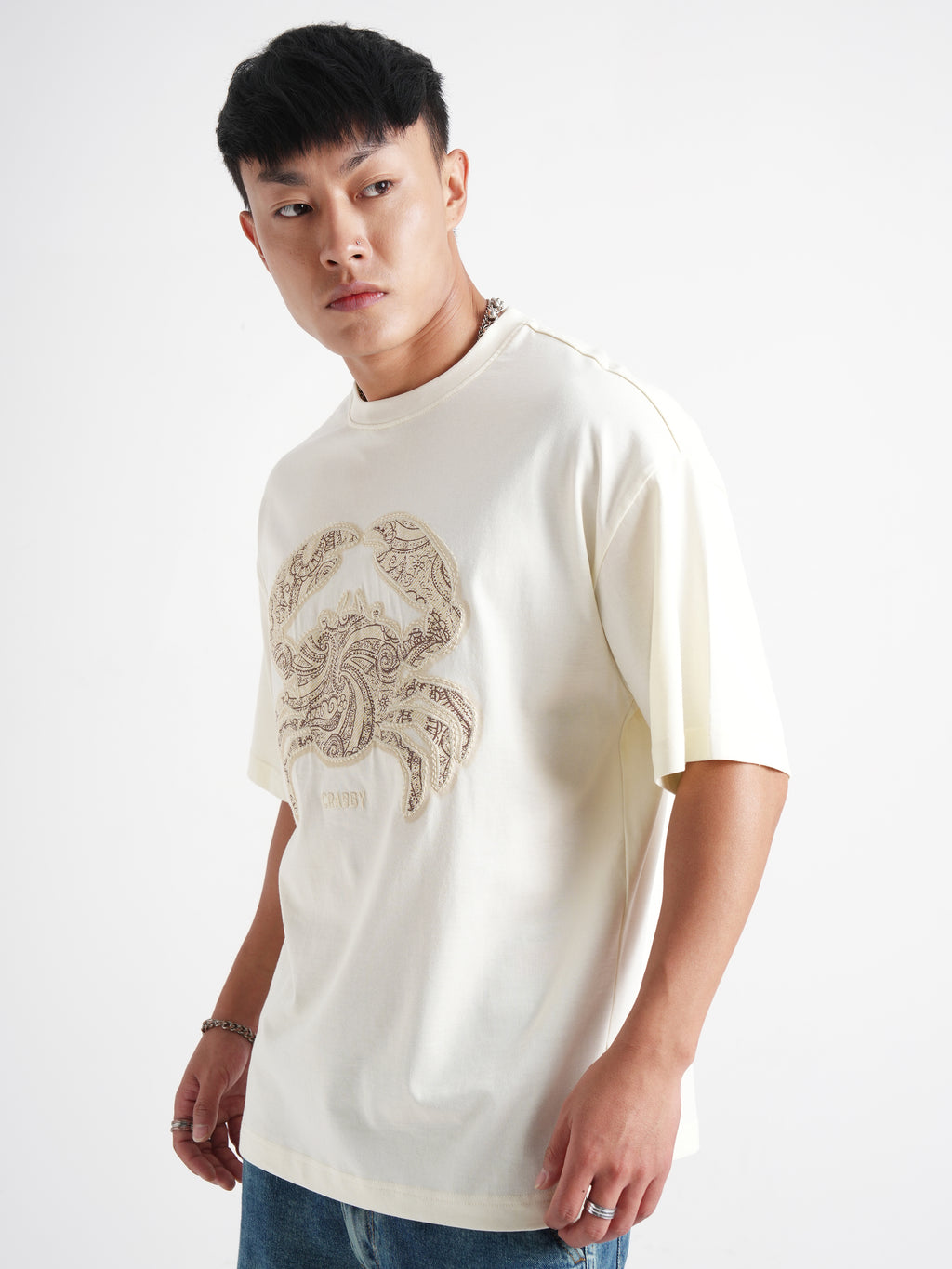Highlander Men Cream Printed Round Neck Oversized Fit T-Shirt - Cream - Image 4