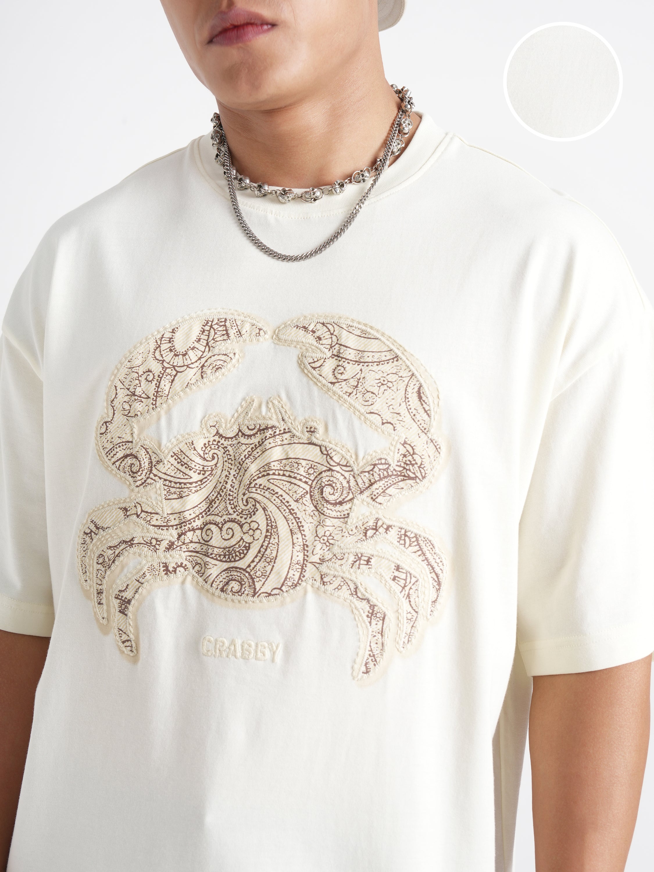Highlander Men Cream Printed Round Neck Oversized Fit T-Shirt - Cream - Image 5