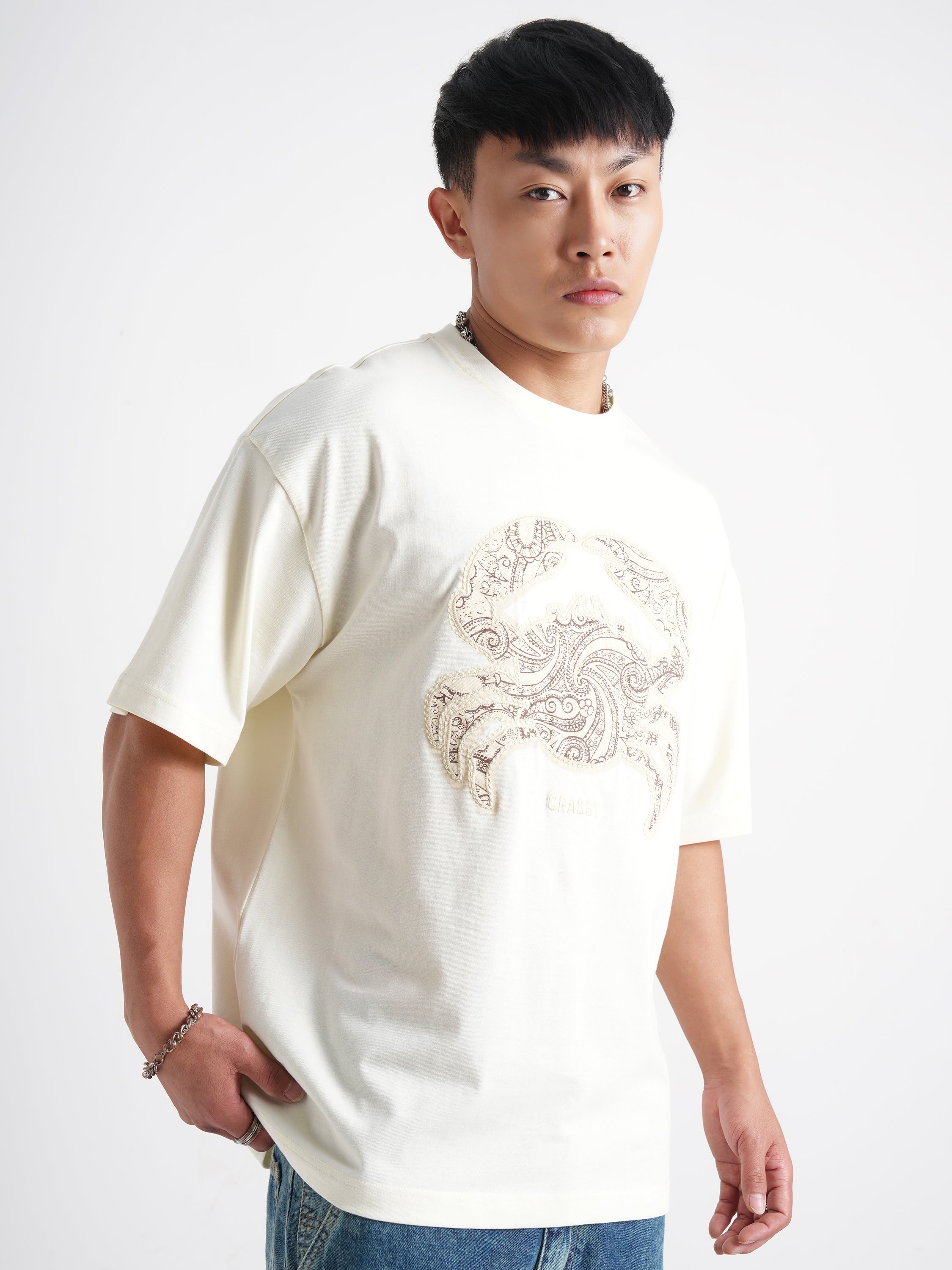 Highlander Men Cream Printed Round Neck Oversized Fit T-Shirt - Cream - Image 6