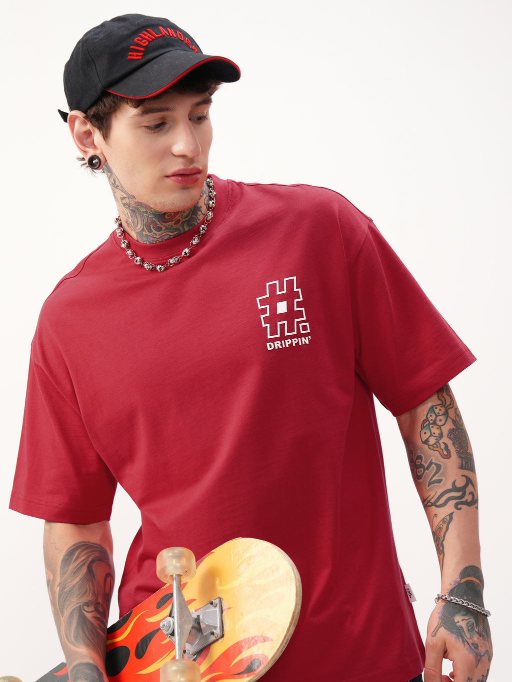 Highlander Men Red Printed Round Neck Oversized Fit T-Shirt - Red - Image 1