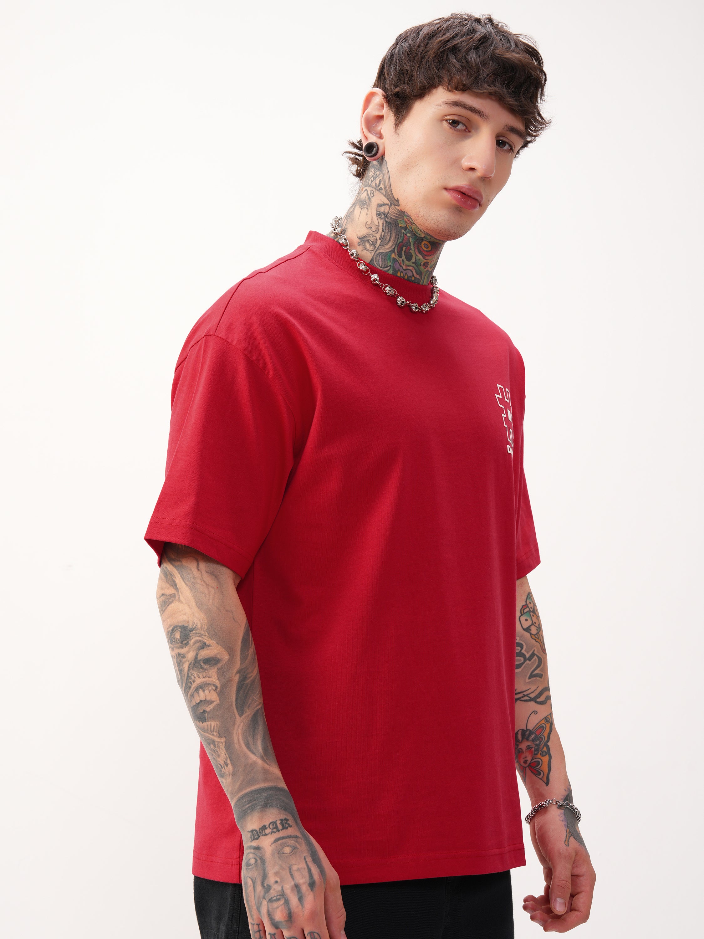 Highlander Men Red Printed Round Neck Oversized Fit T-Shirt - Red - Image 6