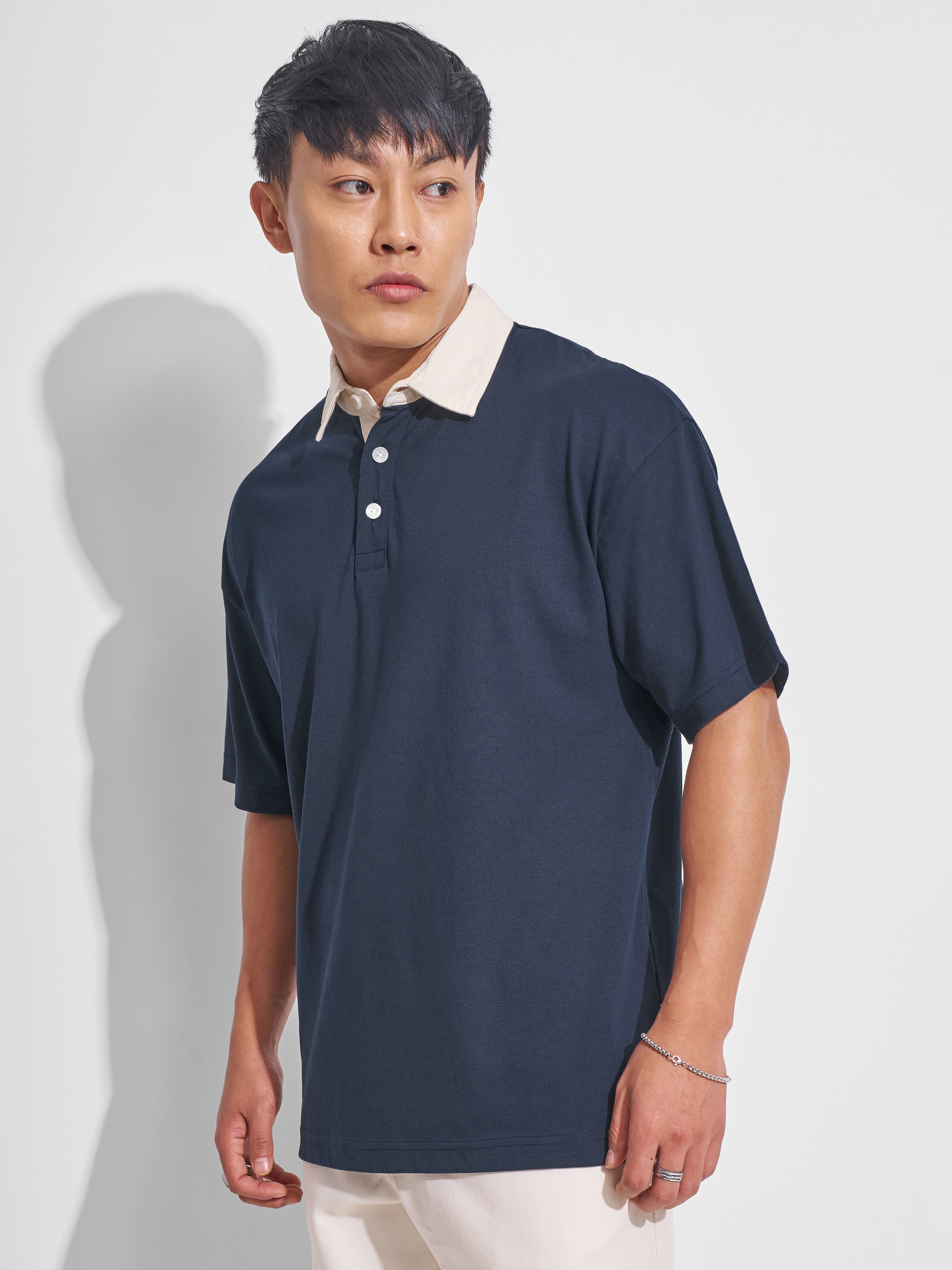 Highlander Men Navy Blue Solid Polo Collar T-Shirt - Navy Blue - Image 4