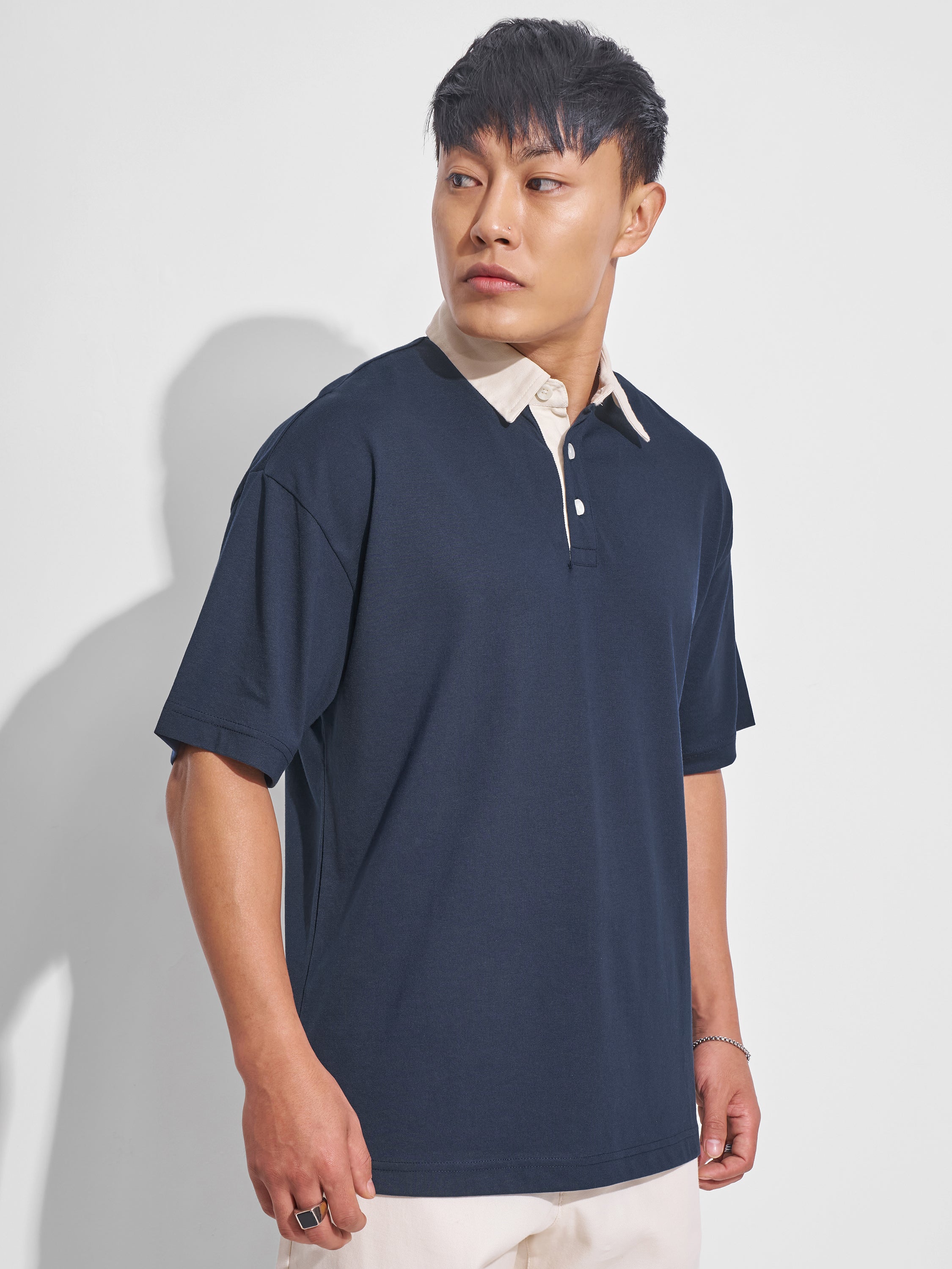 Highlander Men Navy Blue Solid Polo Collar T-Shirt - Navy Blue - Image 6