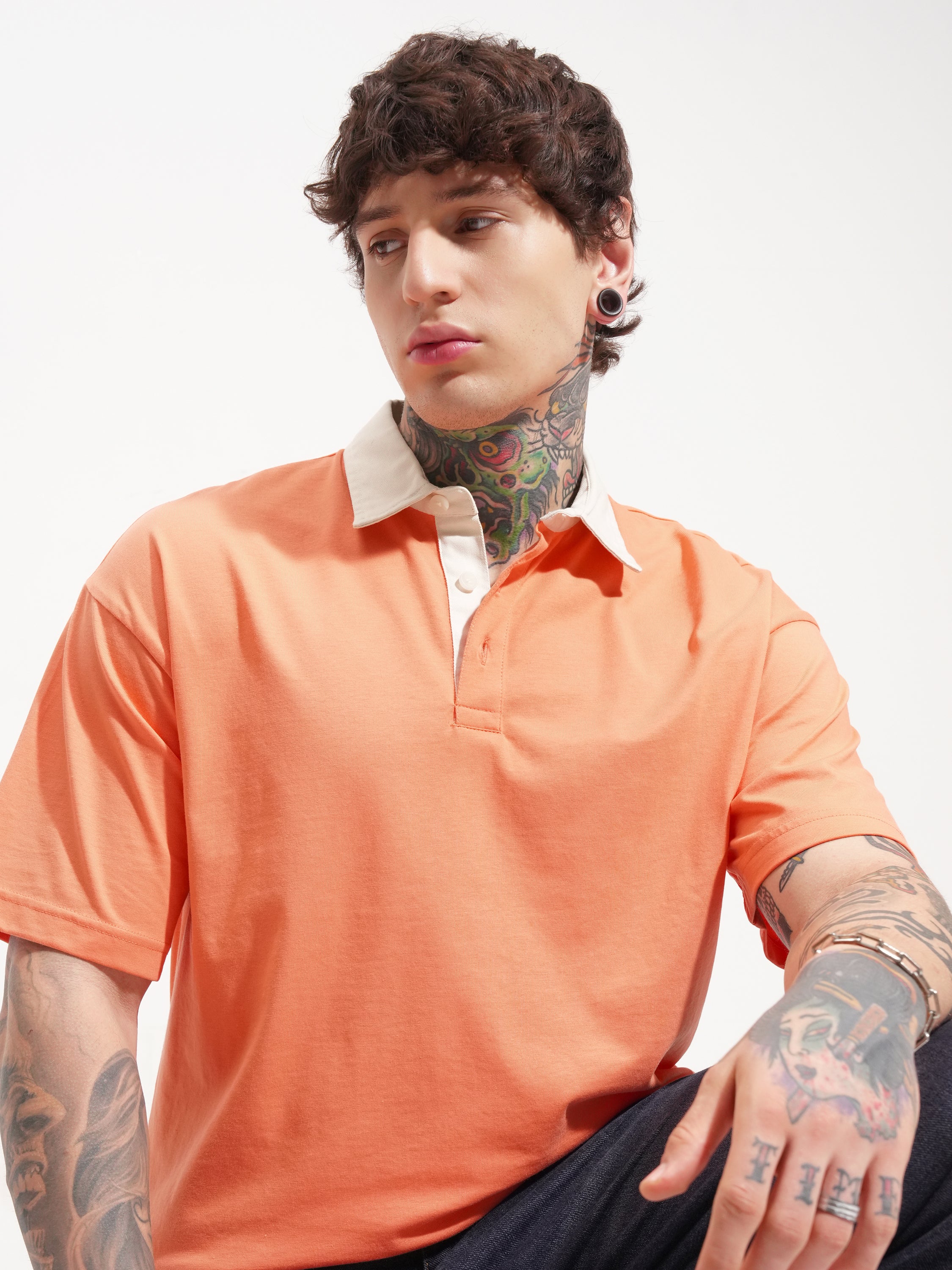 Highlander Men Coral Solid Polo Collar T-Shirt - Coral - Image 1