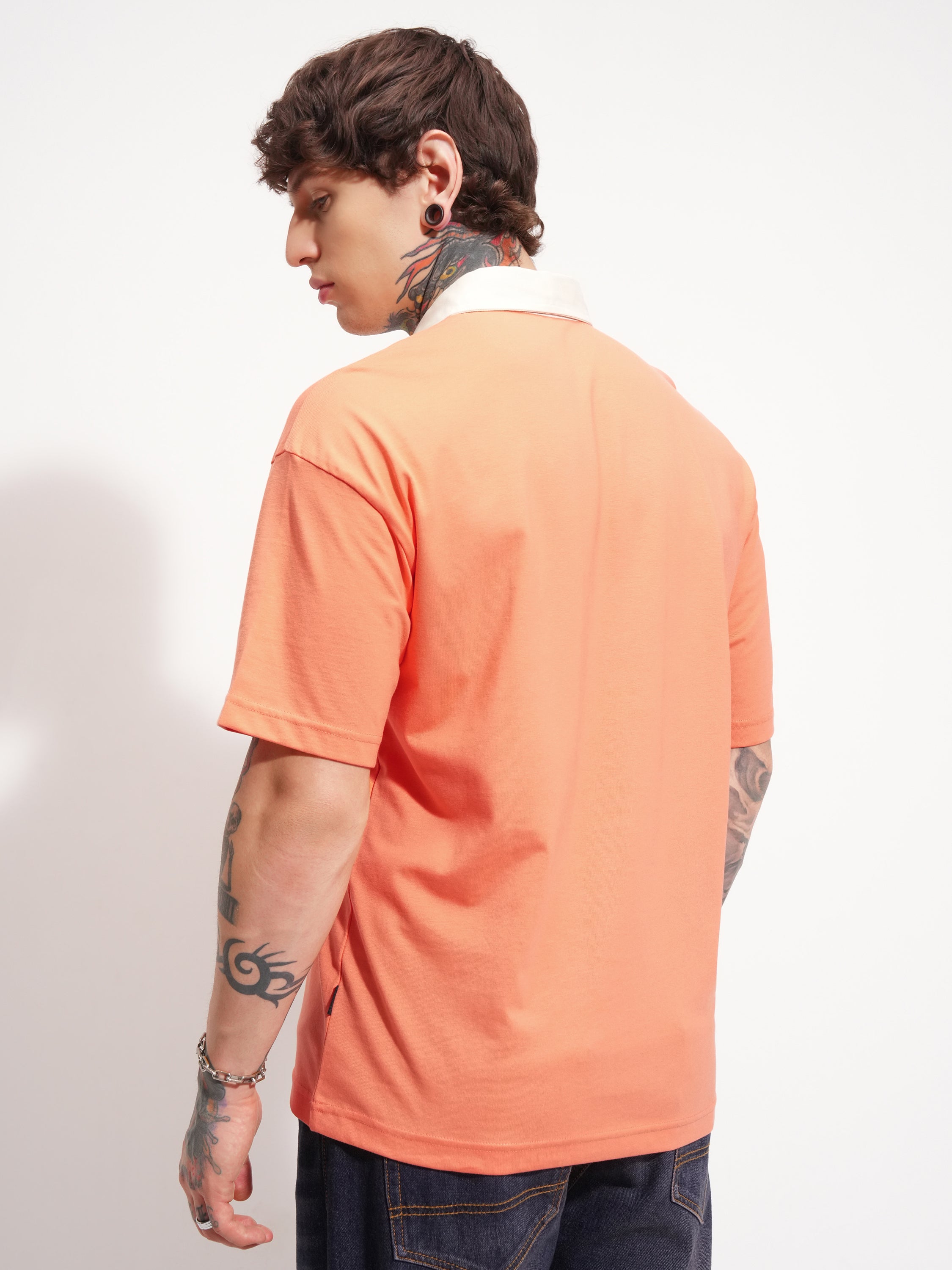 Highlander Men Coral Solid Polo Collar T-Shirt - Coral - Image 3