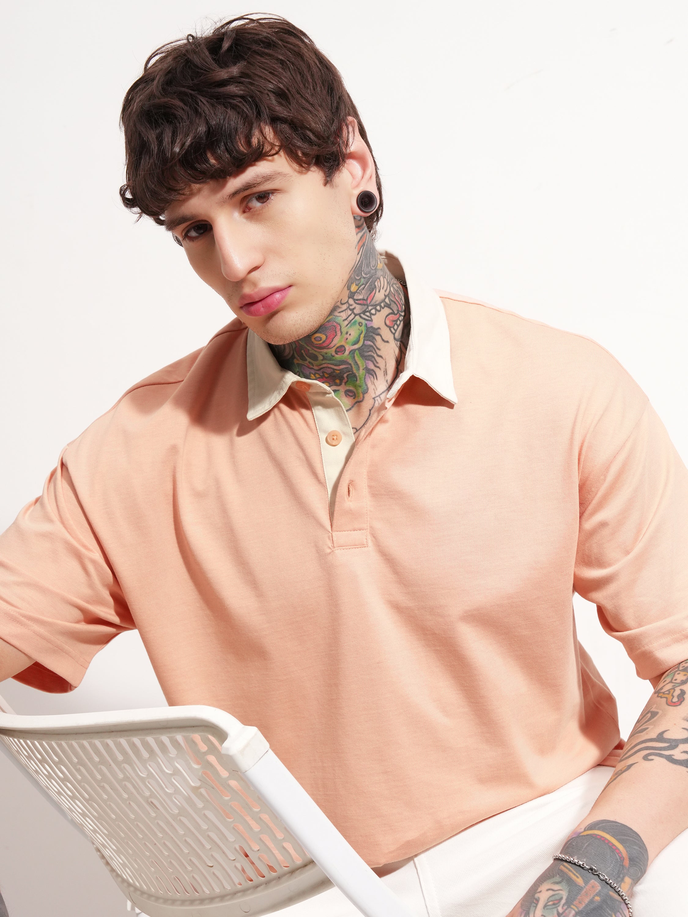 Highlander Men Peach Solid Polo Collar T-Shirt - Peach - Image 1