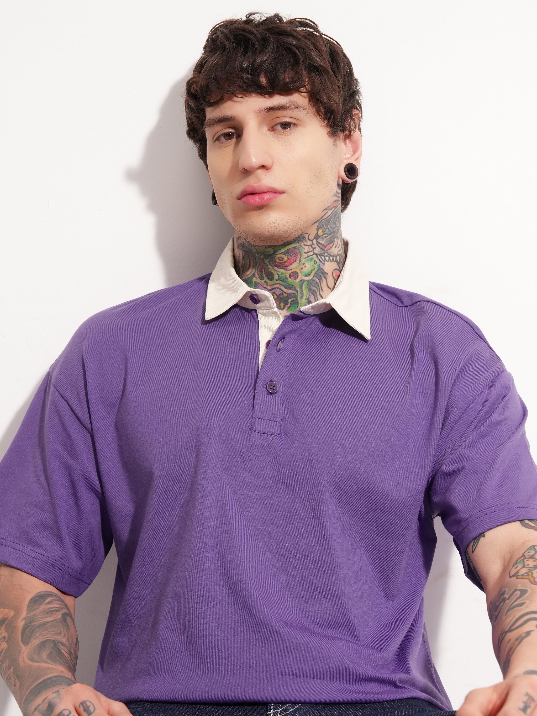 Highlander Men Purple Solid Polo Collar T-Shirt - Purple - Image 1