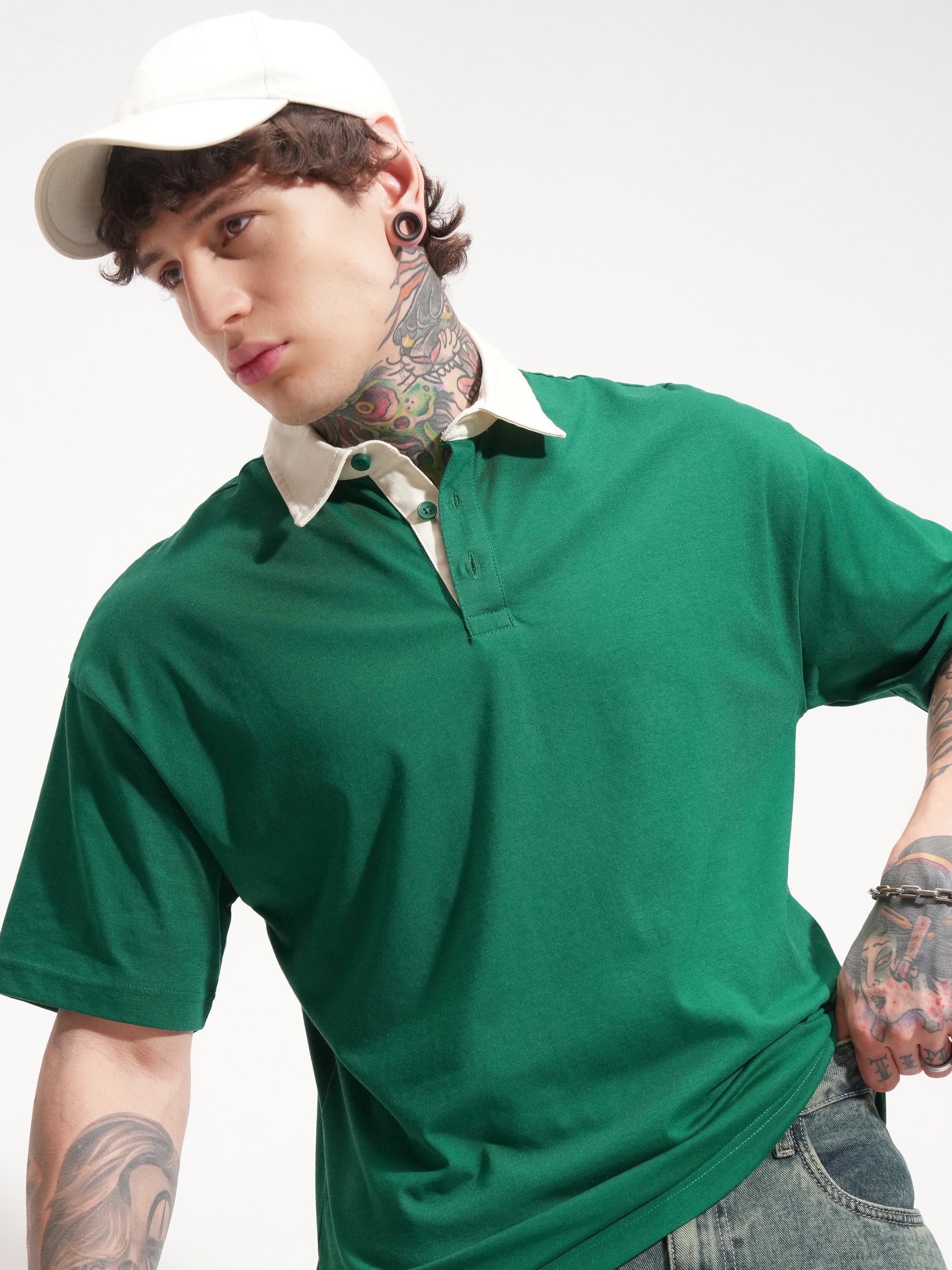 Highlander Men Green Solid Polo Collar T-Shirt - Green - Image 1