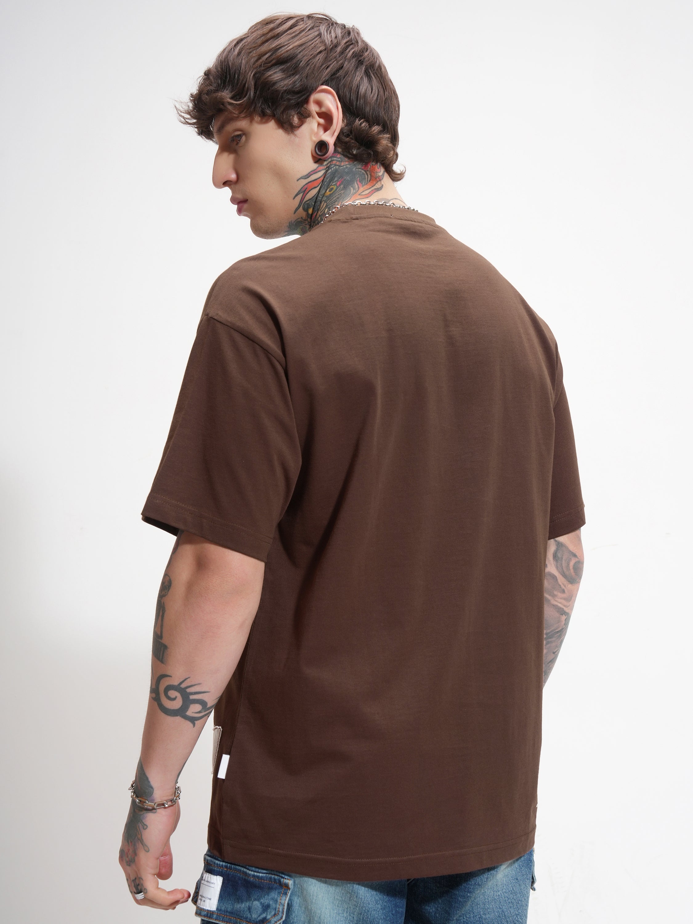 Highlander Men Brown Printed Round Neck Oversized Fit T-Shirt - Brown - Image 3